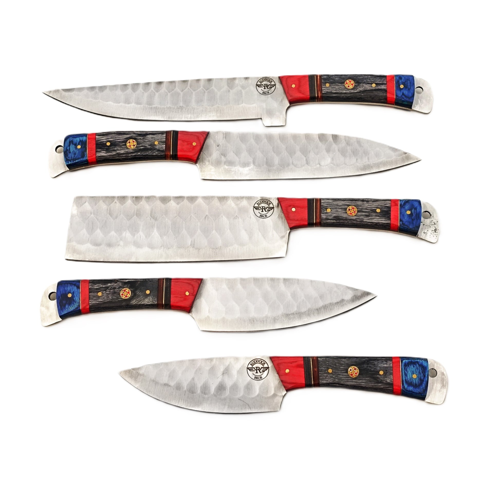 Damascus Steel 5 piece knife set with regal blue, red, and black hardwood handle with leather carry pouch by Ruddock Bros El Paso Texas USA Ruddock Shirt