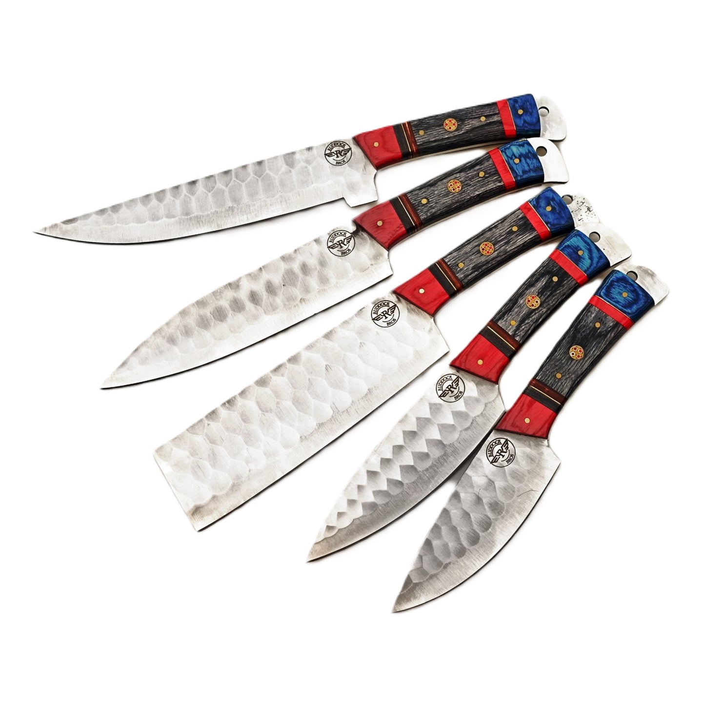 Damascus Steel 5 piece knife set with regal blue, red, and black hardwood handle with leather carry pouch by Ruddock Bros El Paso Texas USA Ruddock Shirt