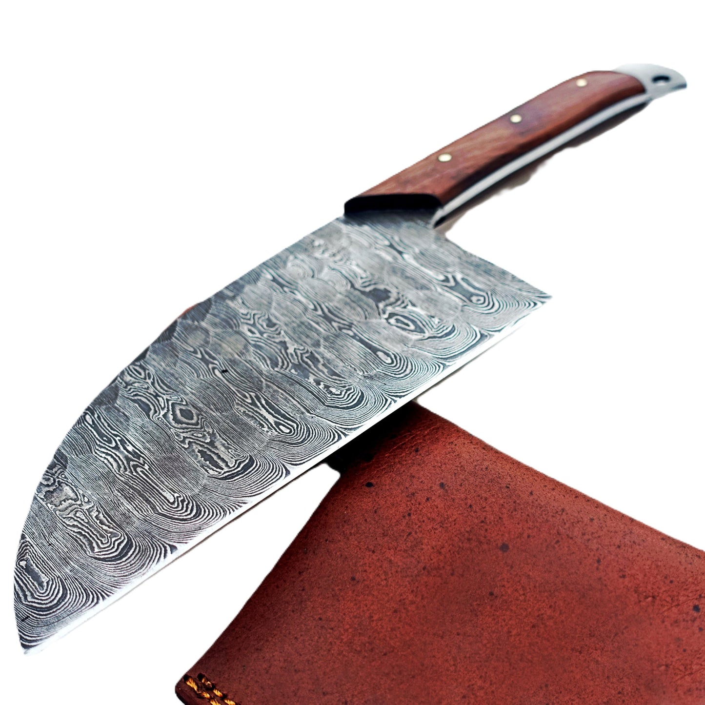 Serbian cleaver in Damascus steel with brown hardwood handle by Ruddock Bros