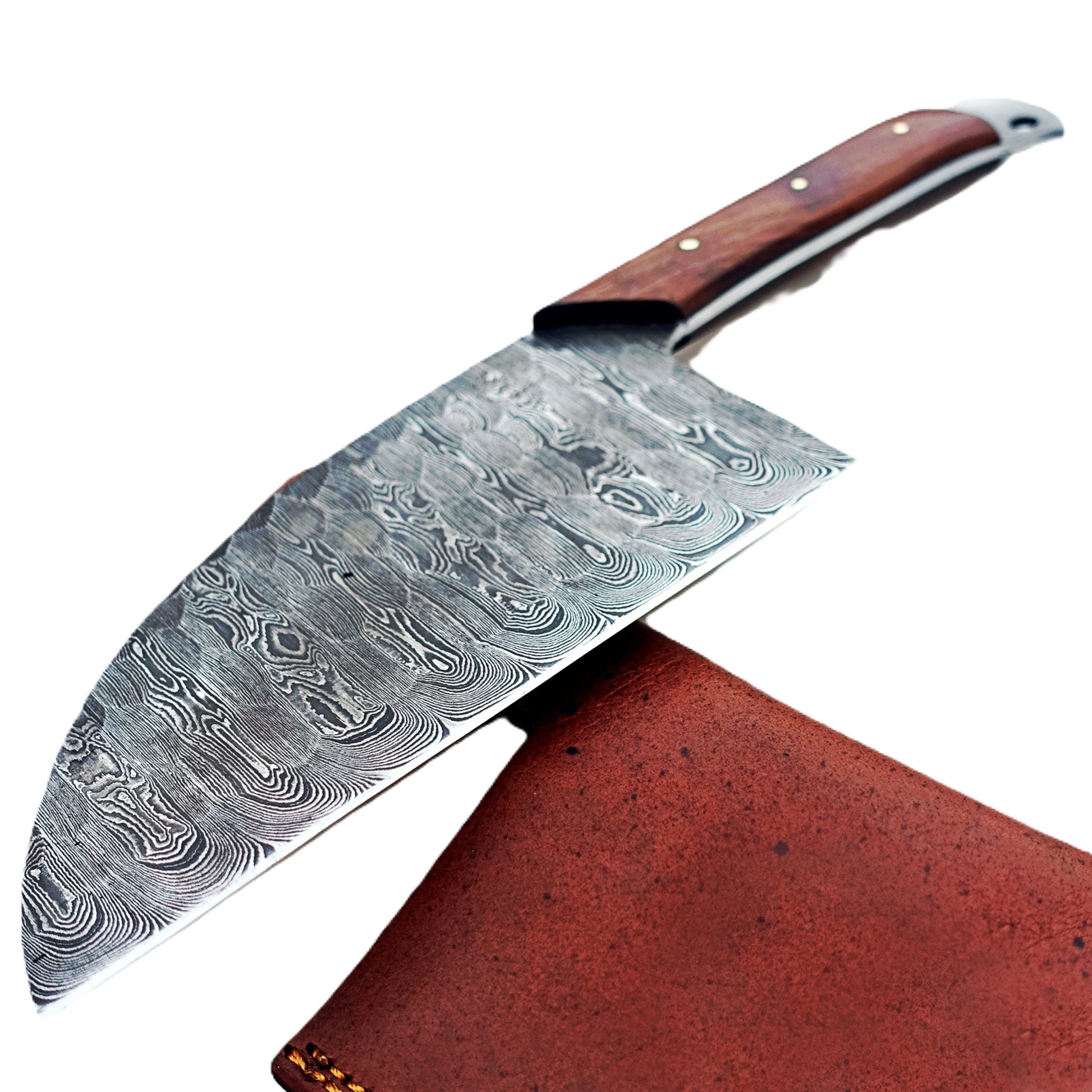 Serbian cleaver in Damascus steel with brown hardwood handle by Ruddock Bros