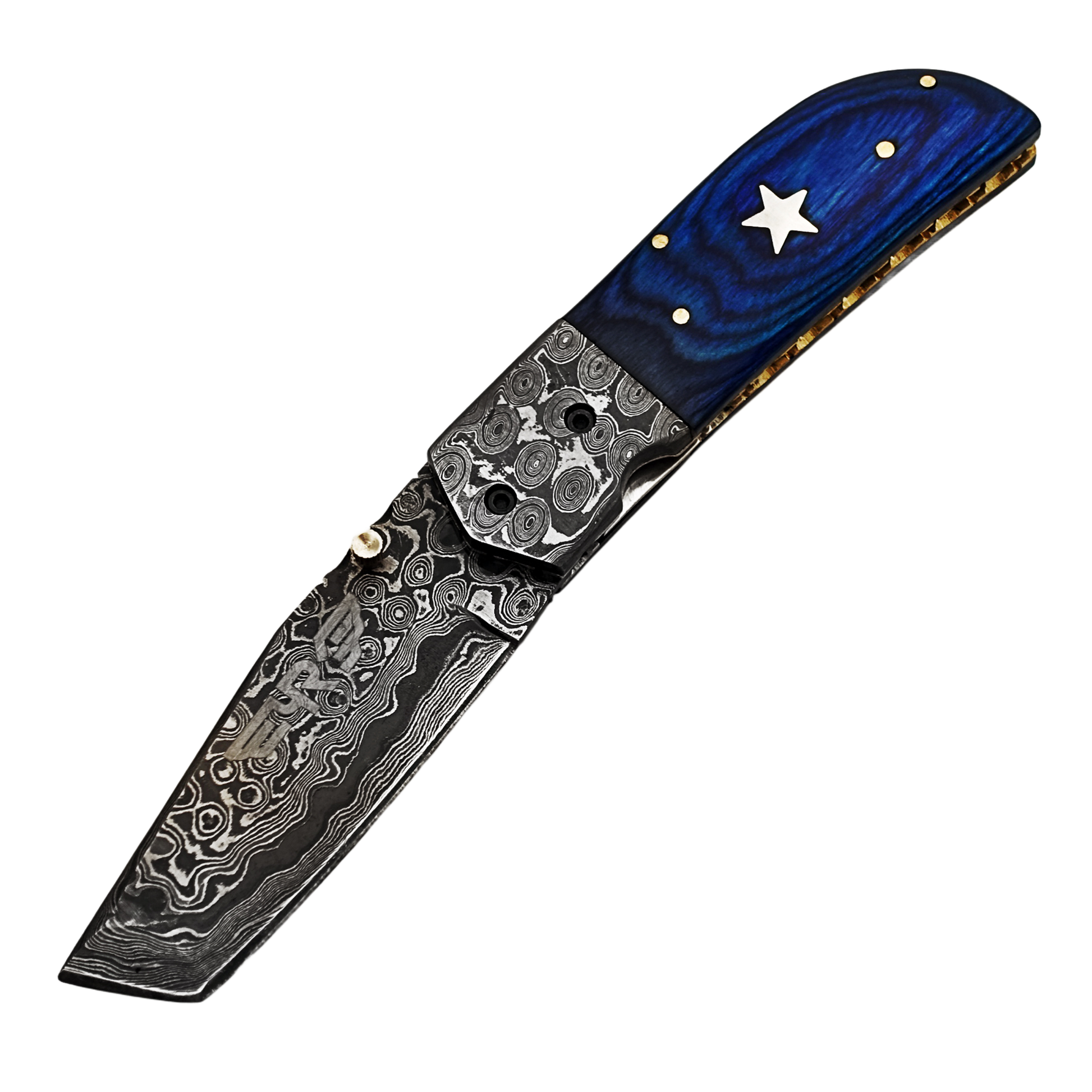 Ruddock Bros folding knife with blue hardwood and Damascus Steel handle and blade. Complete with leather sheath Ruddock El Paso Texas