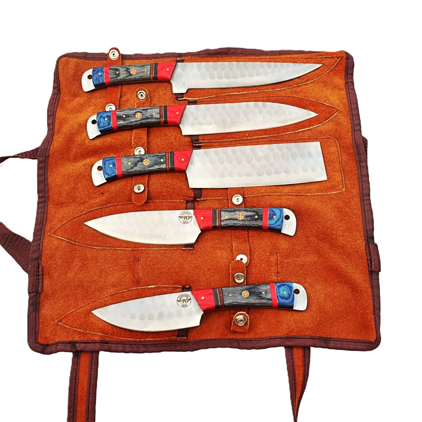 Damascus Steel 5 piece knife set with regal blue, red, and black hardwood handle with leather carry pouch by Ruddock Bros El Paso Texas USA Ruddock Shirt