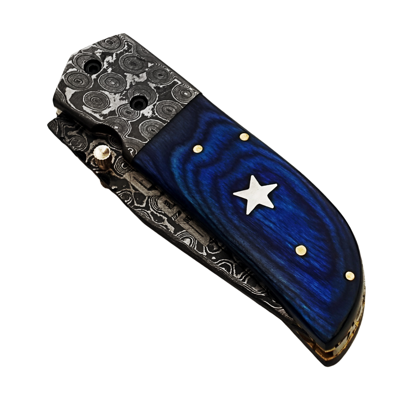 Ruddock Bros folding knife with blue hardwood and Damascus Steel handle and blade. Complete with leather sheath Ruddock El Paso Texas