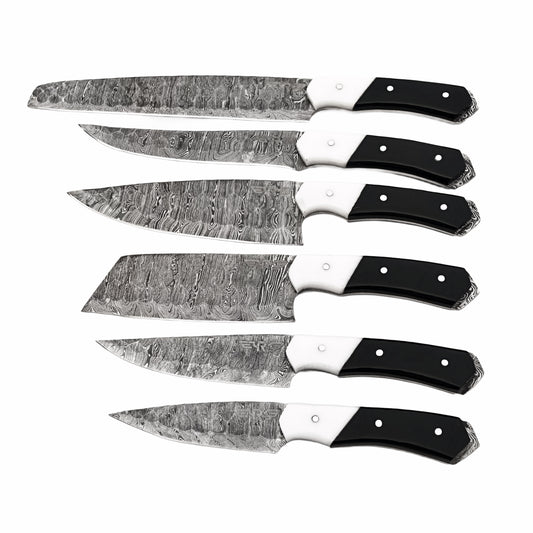 Damascus Steel 6 piece knife set with black and white resin handle with leather carry pouch by Ruddock Bros El Paso Texas USA Ruddock Shirt