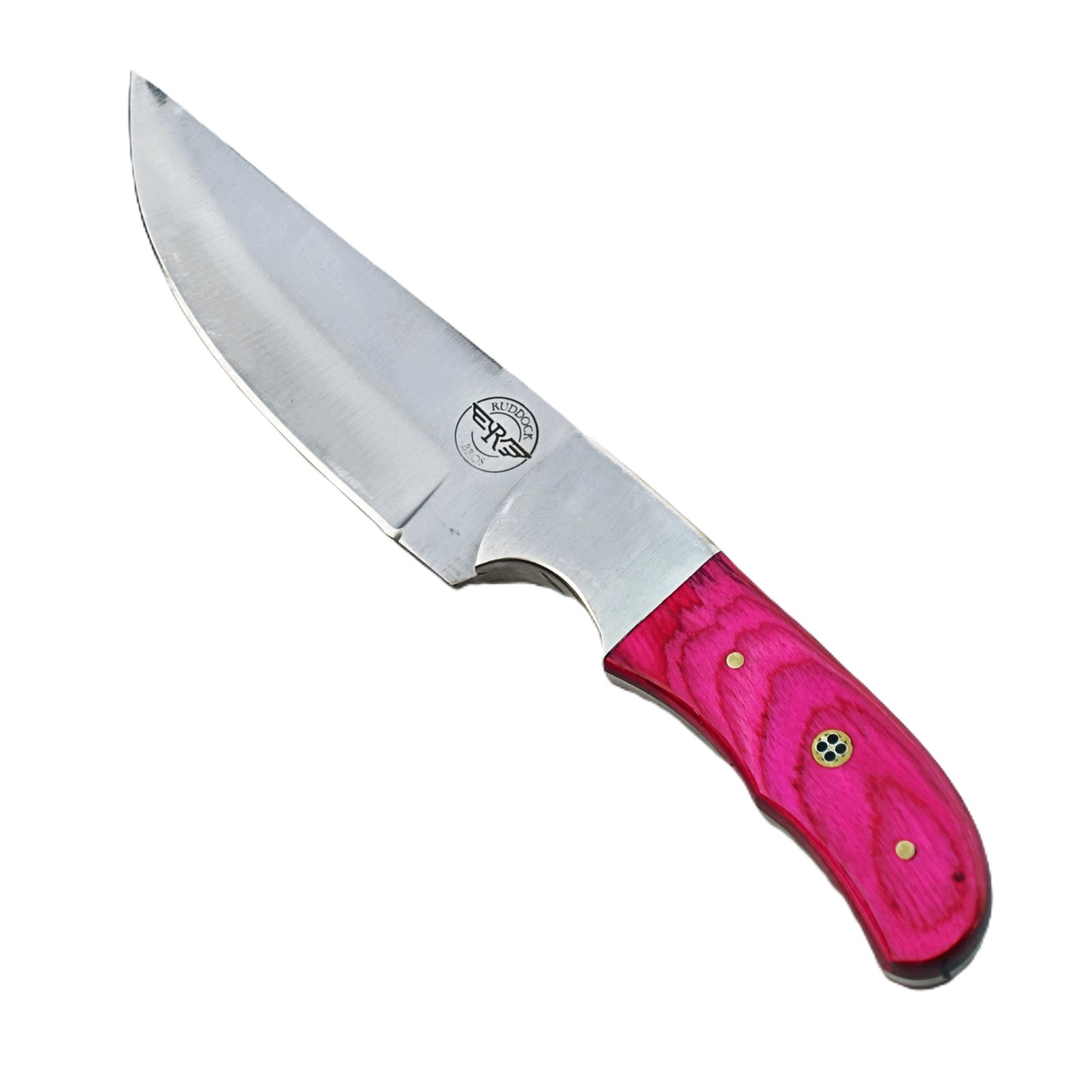 The medium rare steak knife by Ruddock Bros with pink hardwood handle and stainless steel blade