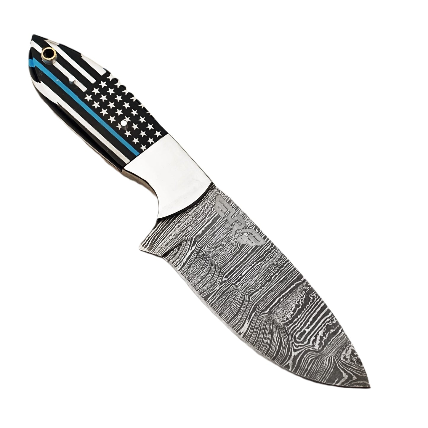 Ruddock Bros Damascus steel hunting knife with US Flag and Blue Line honoring the police