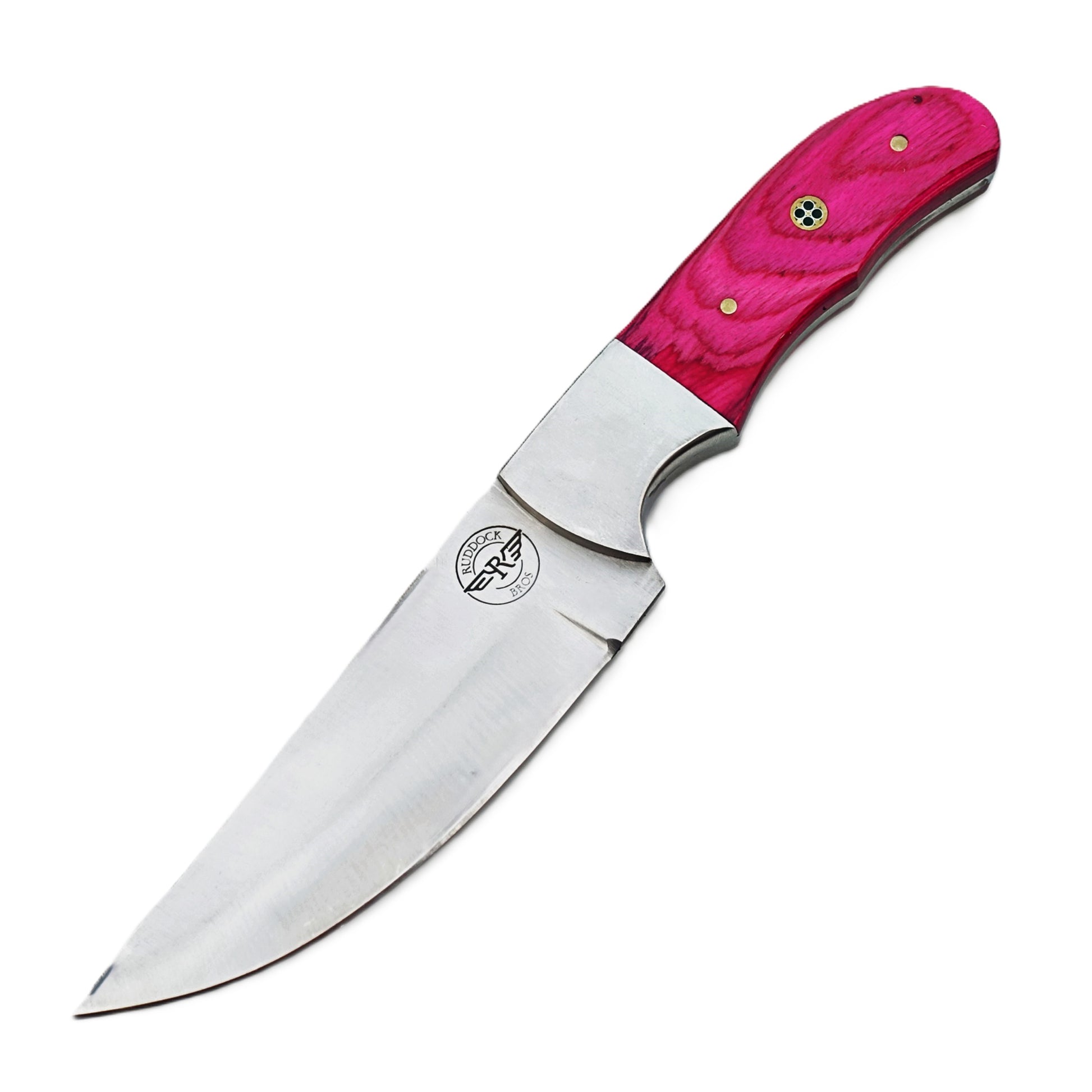 The medium rare steak knife by Ruddock Bros with pink hardwood handle and stainless steel blade