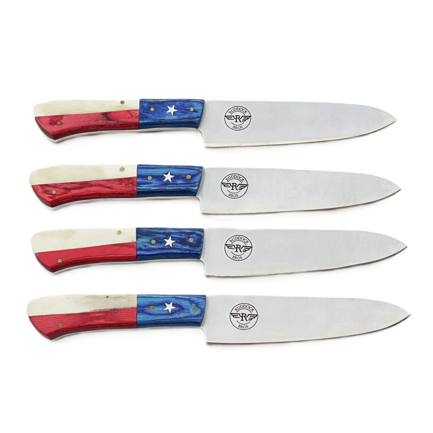 Ruddock Bros steak knife set with natural bone and hardwood handles in red white and blue with stainless steel blade Ruddock El Paso Texas