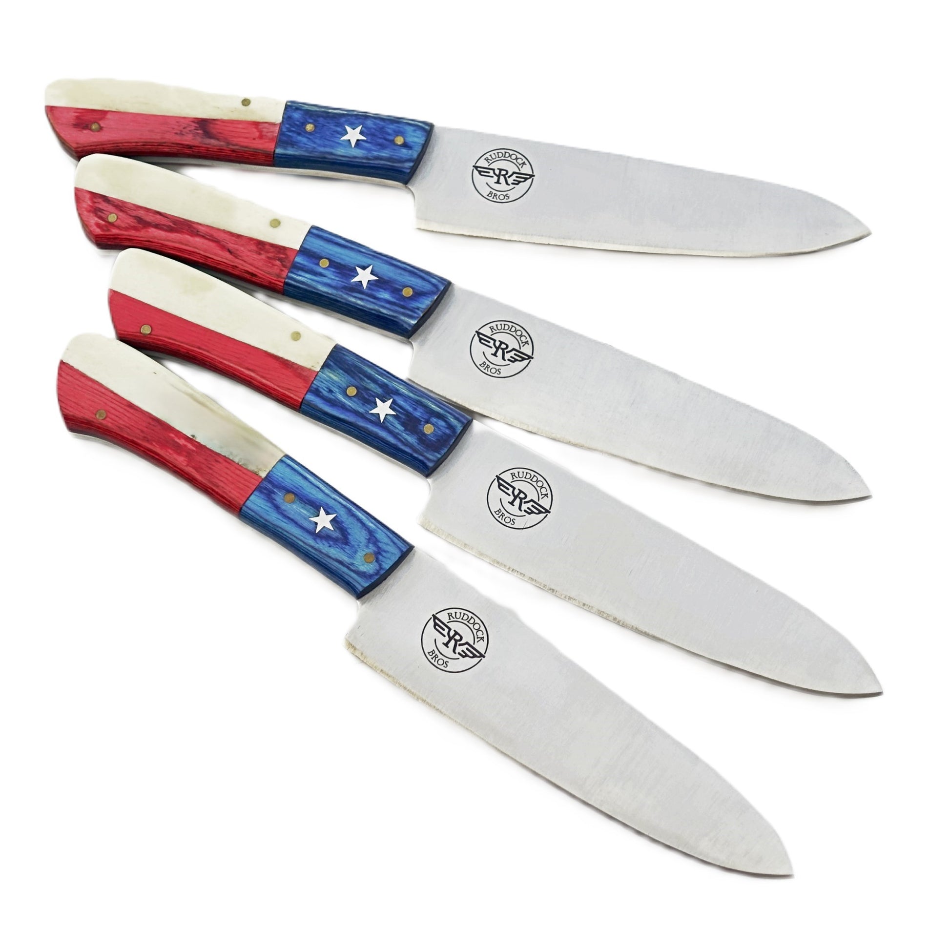 Ruddock Bros steak knife set with natural bone and hardwood handles in red white and blue with stainless steel blade Ruddock El Paso Texas