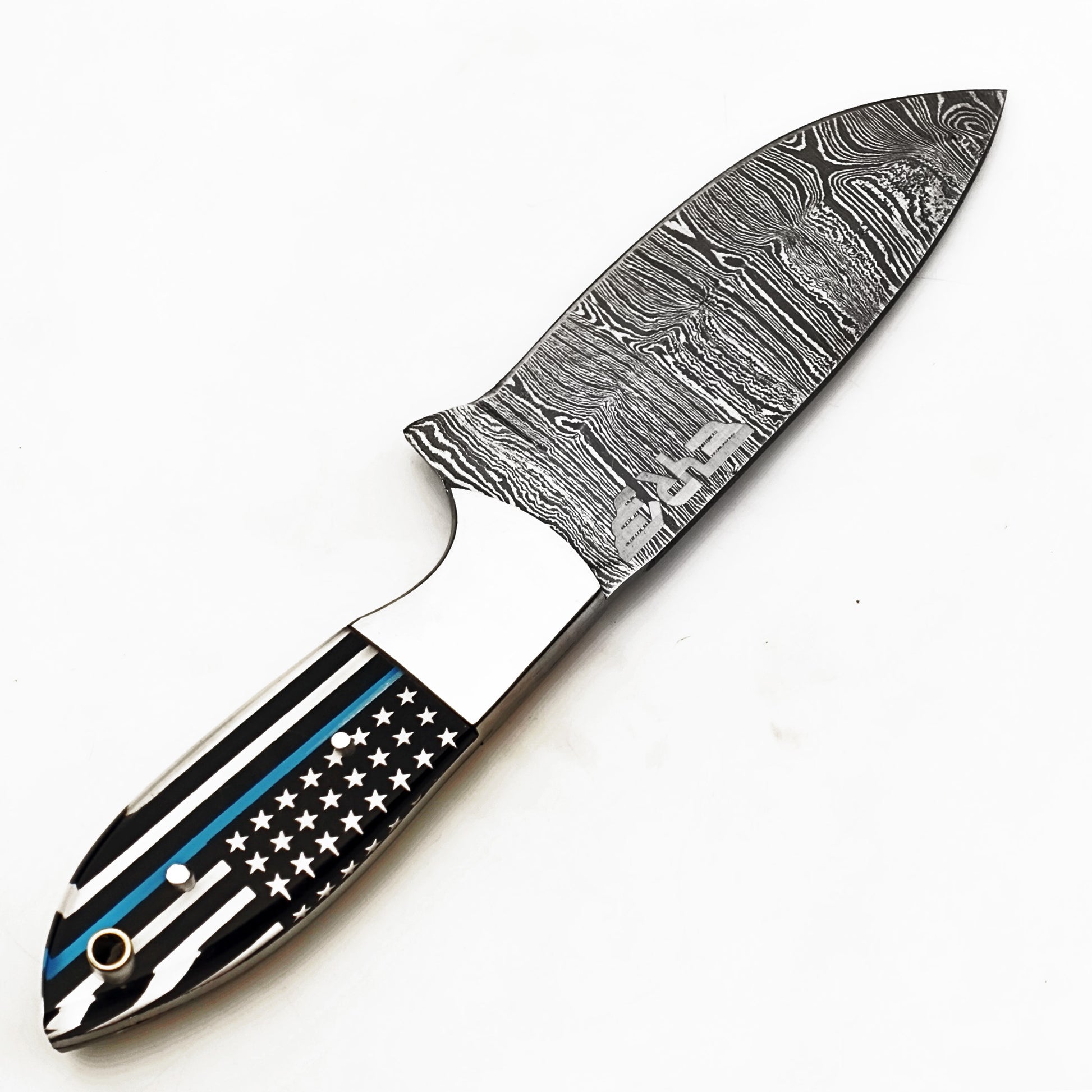 Ruddock Bros Damascus steel hunting knife with US Flag and Blue Line honoring the police