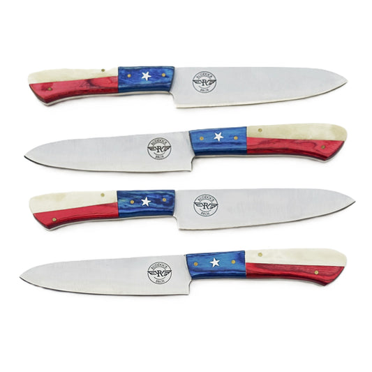 Ruddock Bros steak knife set with natural bone and hardwood handles in red white and blue with stainless steel blade Ruddock El Paso Texas