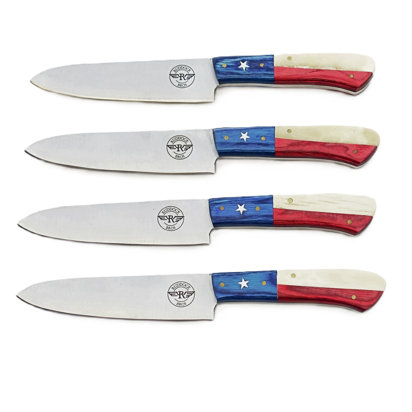 Ruddock Bros steak knife set with natural bone and hardwood handles in red white and blue with stainless steel blade Ruddock El Paso Texas