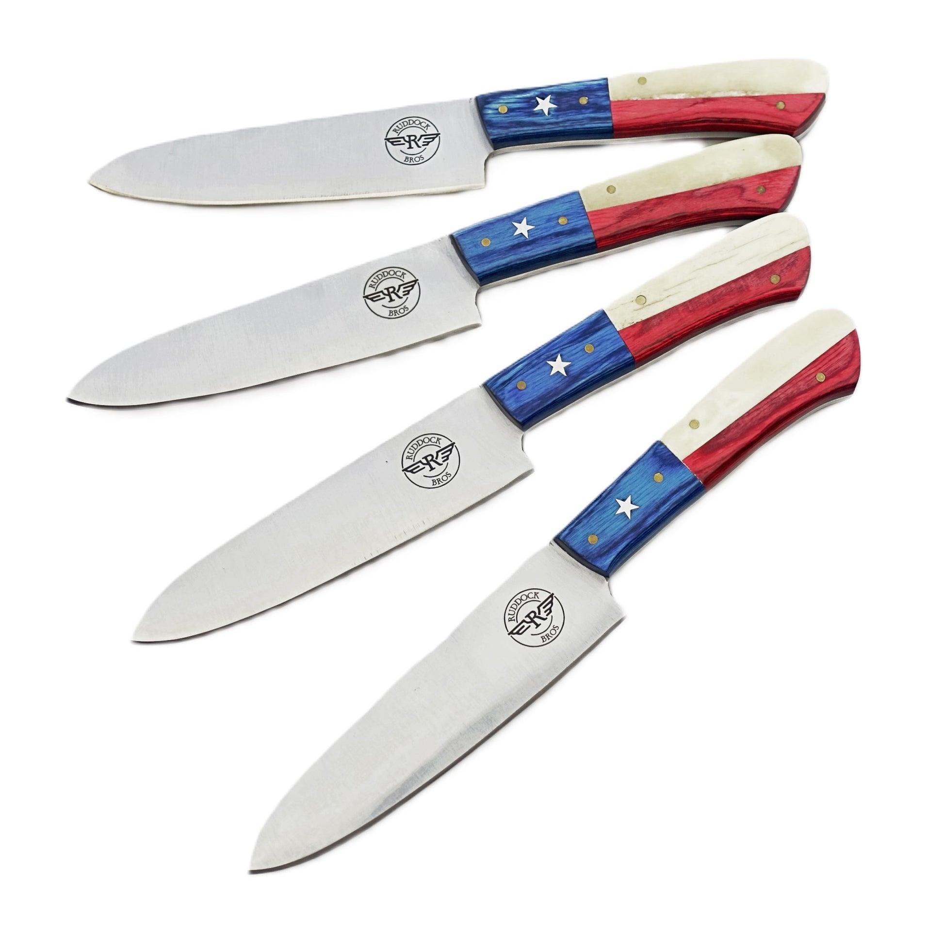 Ruddock Bros steak knife set with natural bone and hardwood handles in red white and blue with stainless steel blade Ruddock El Paso Texas