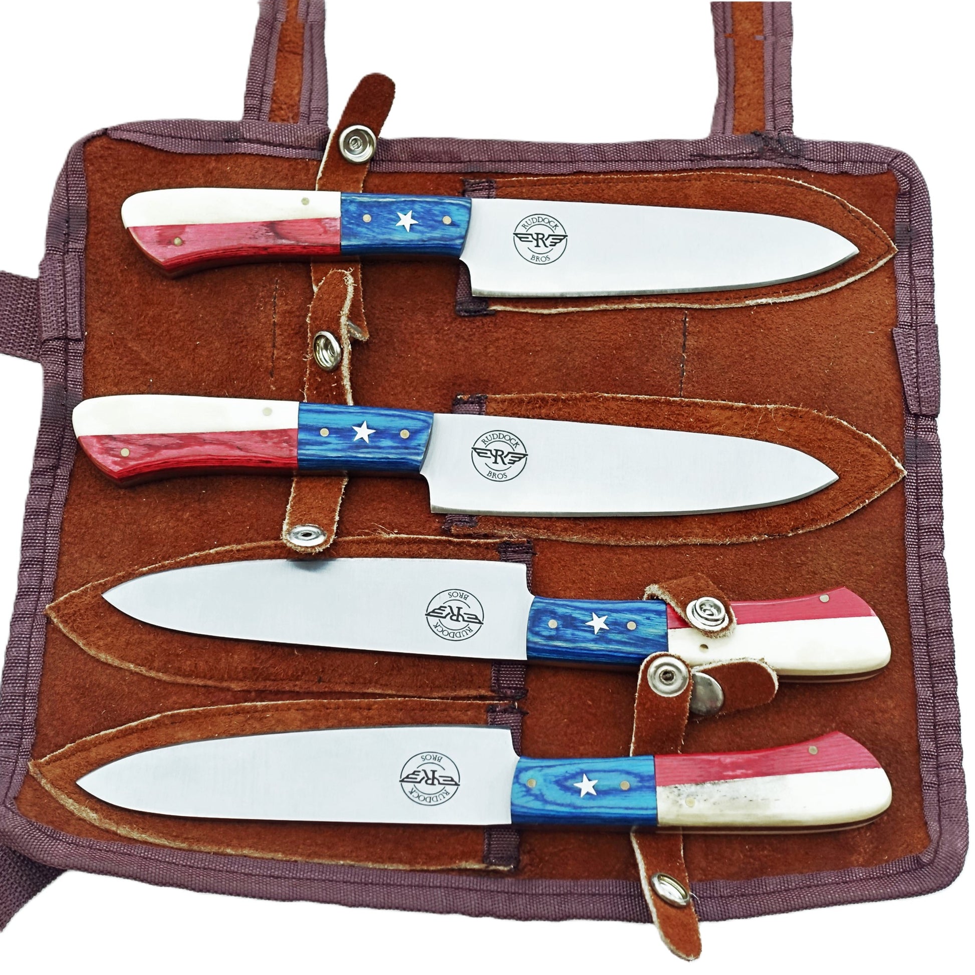 Ruddock Bros steak knife set with natural bone and hardwood handles in red white and blue with stainless steel blade Ruddock El Paso Texas with suede carry pouch