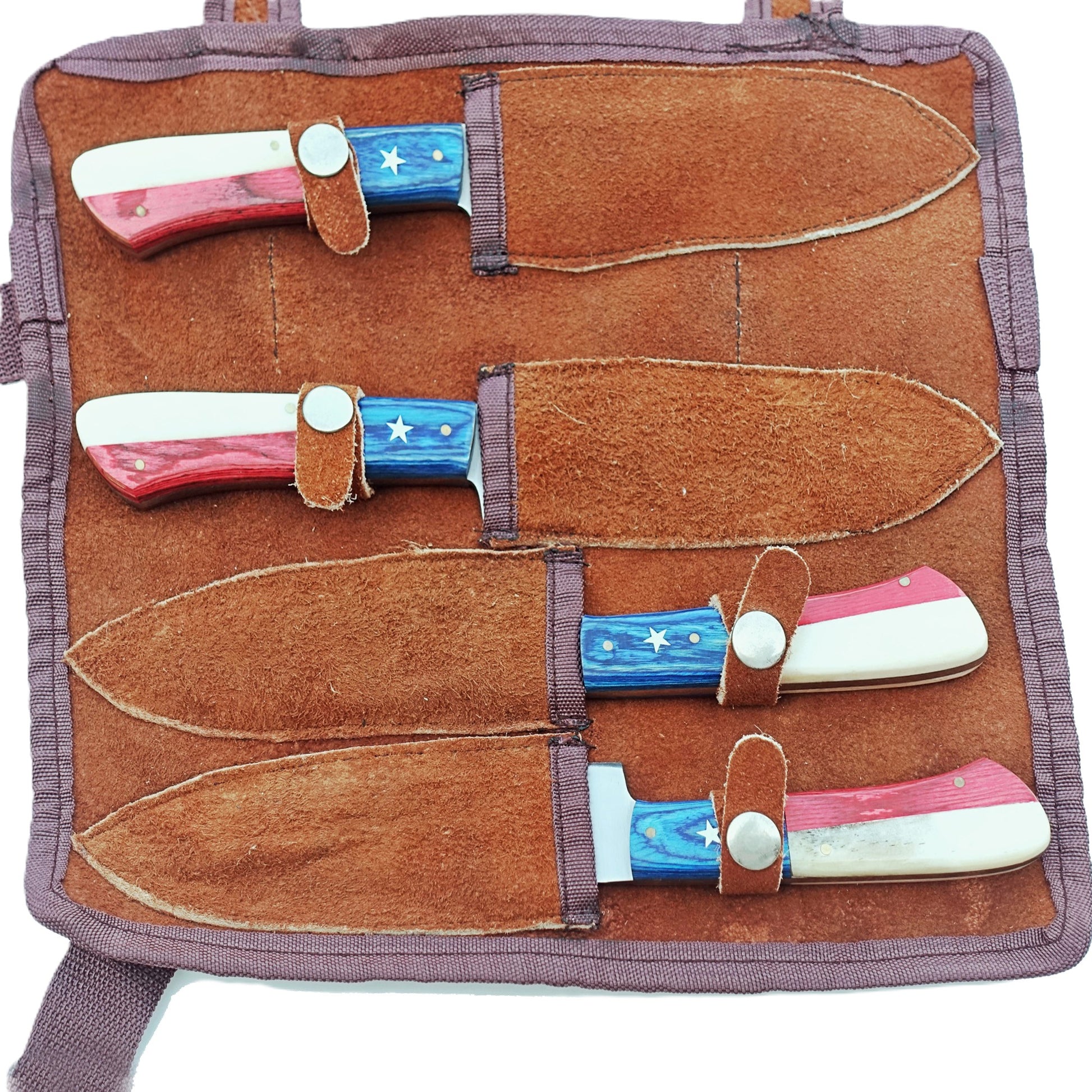 Ruddock Bros steak knife set with natural bone and hardwood handles in red white and blue with stainless steel blade Ruddock El Paso Texas with suede carry pouch