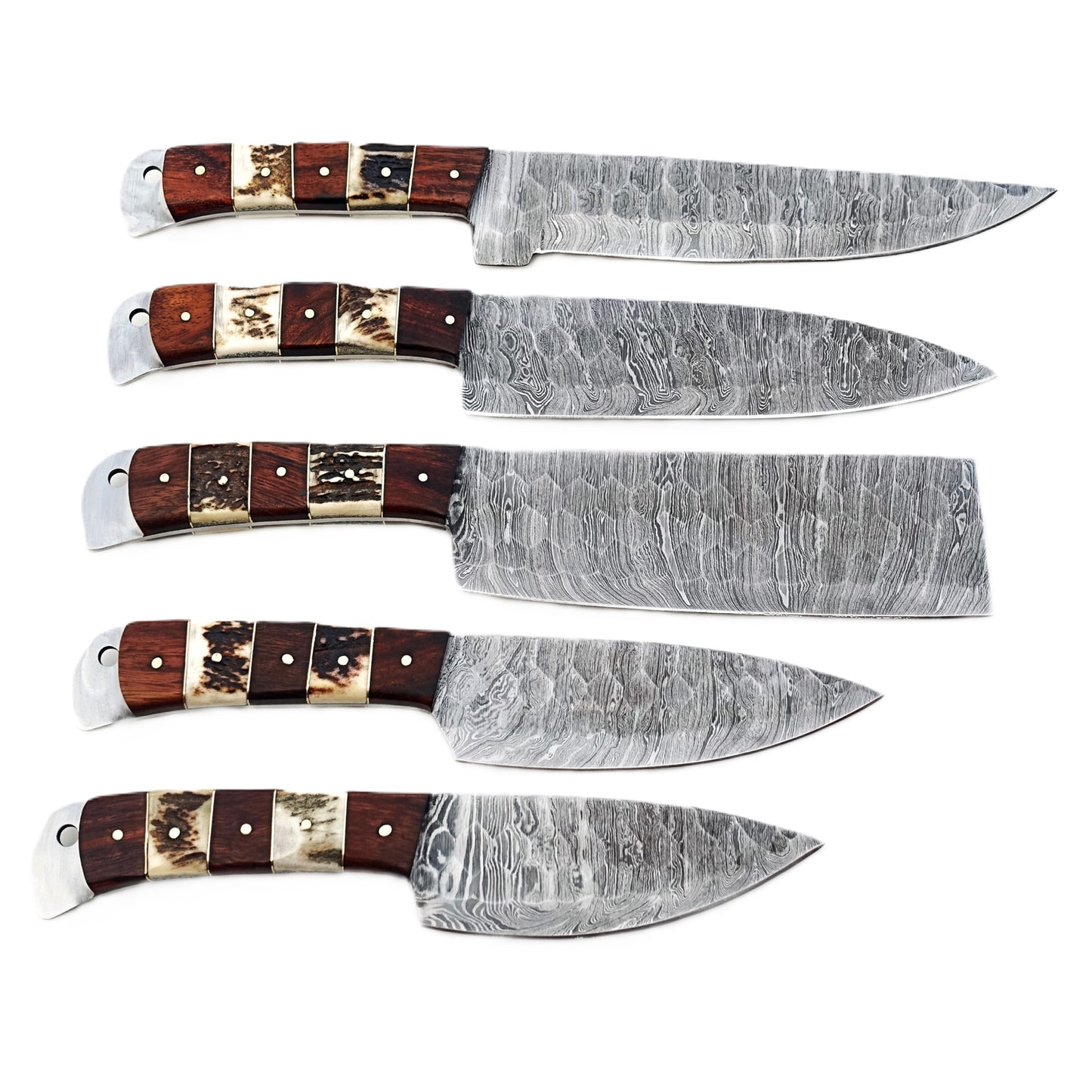 Damascus Steel 5 piece knife set with horn and hardwood handle with leather carry pouch by Ruddock Bros El Paso Texas USA Ruddock Shirt