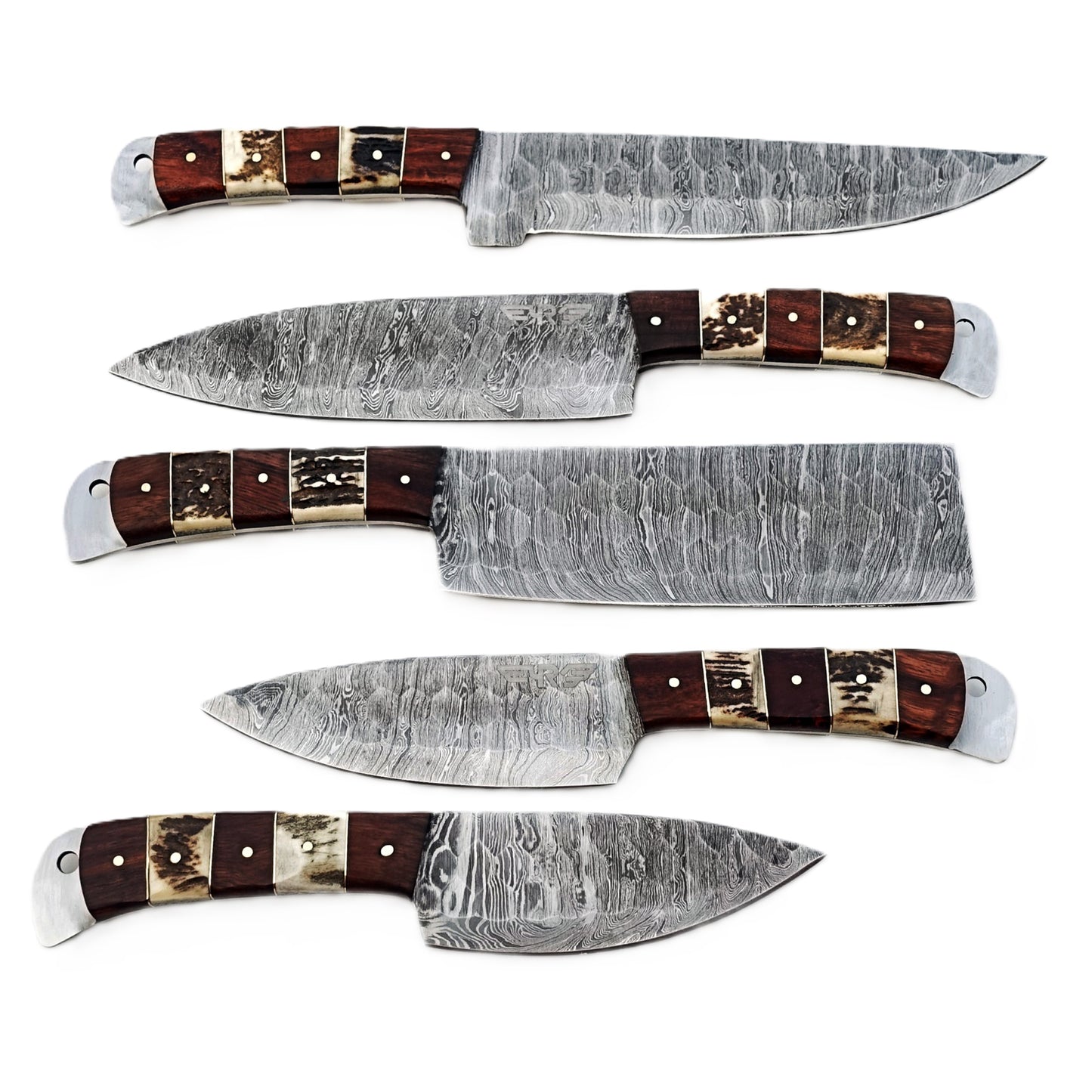 Damascus Steel 5 piece knife set with horn and hardwood handle with leather carry pouch by Ruddock Bros El Paso Texas USA Ruddock Shirt