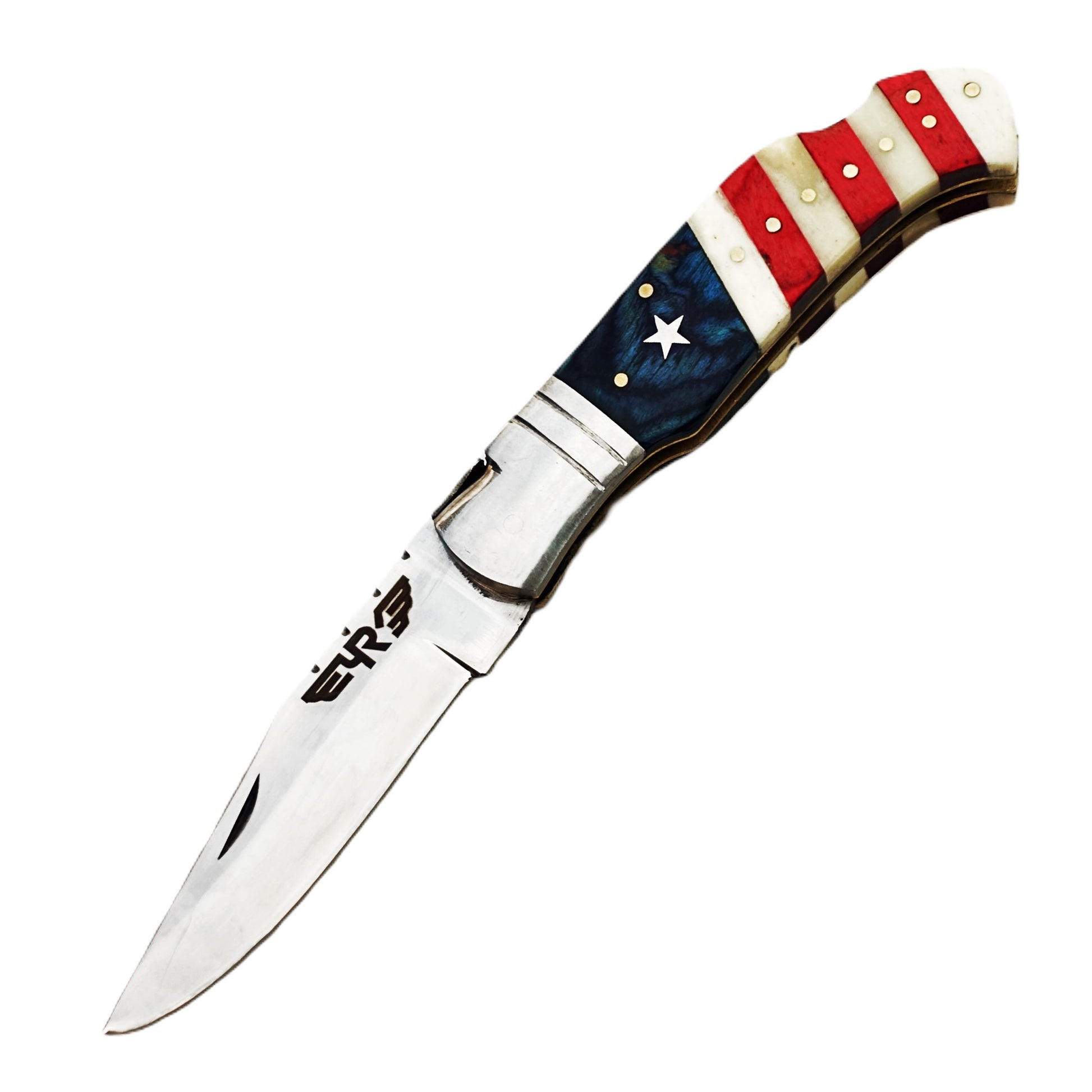 Ruddock Bros folding knife with natural bone and hardwood handle in American flag colors with stainless steel blade with leather sheath Ruddock El Paso Texas