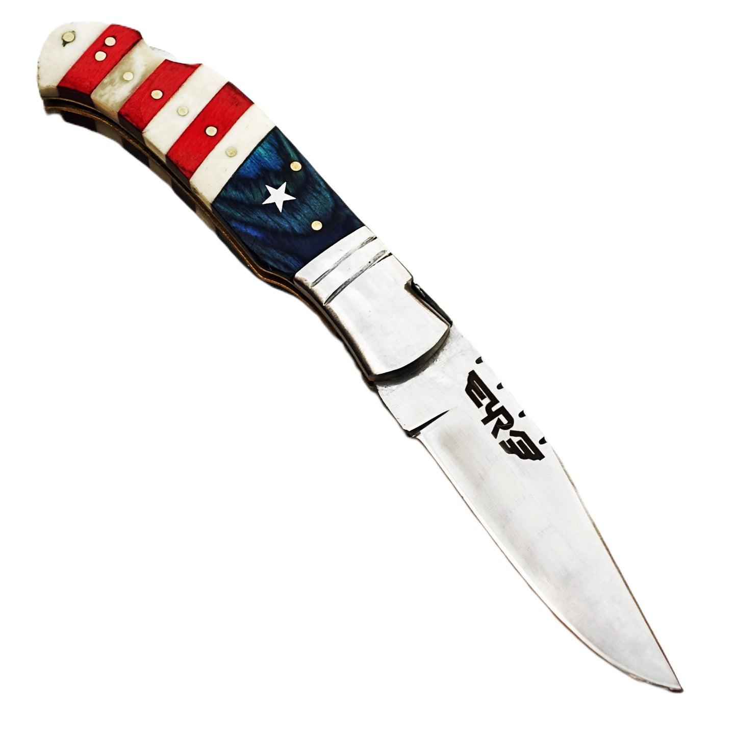 Ruddock Bros folding knife with natural bone and hardwood handle in American flag colors with stainless steel blade with leather sheath Ruddock El Paso Texas