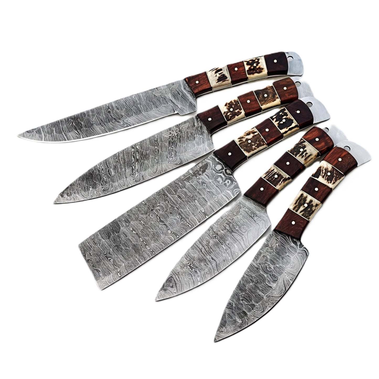 Damascus Steel 5 piece knife set with horn and hardwood handle with leather carry pouch by Ruddock Bros El Paso Texas USA Ruddock Shirt