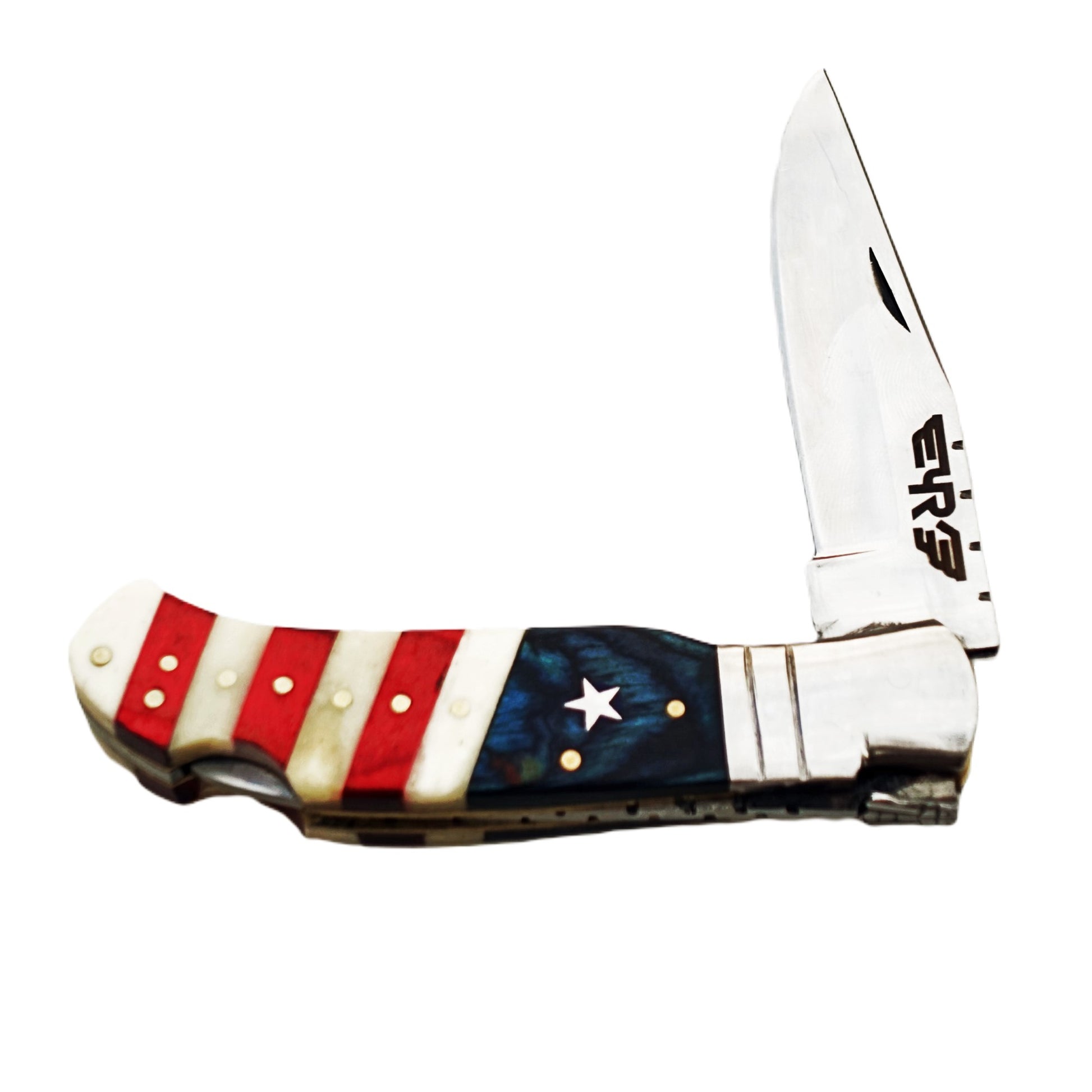 Ruddock Bros folding knife with natural bone and hardwood handle in American flag colors with stainless steel blade with leather sheath Ruddock El Paso Texas