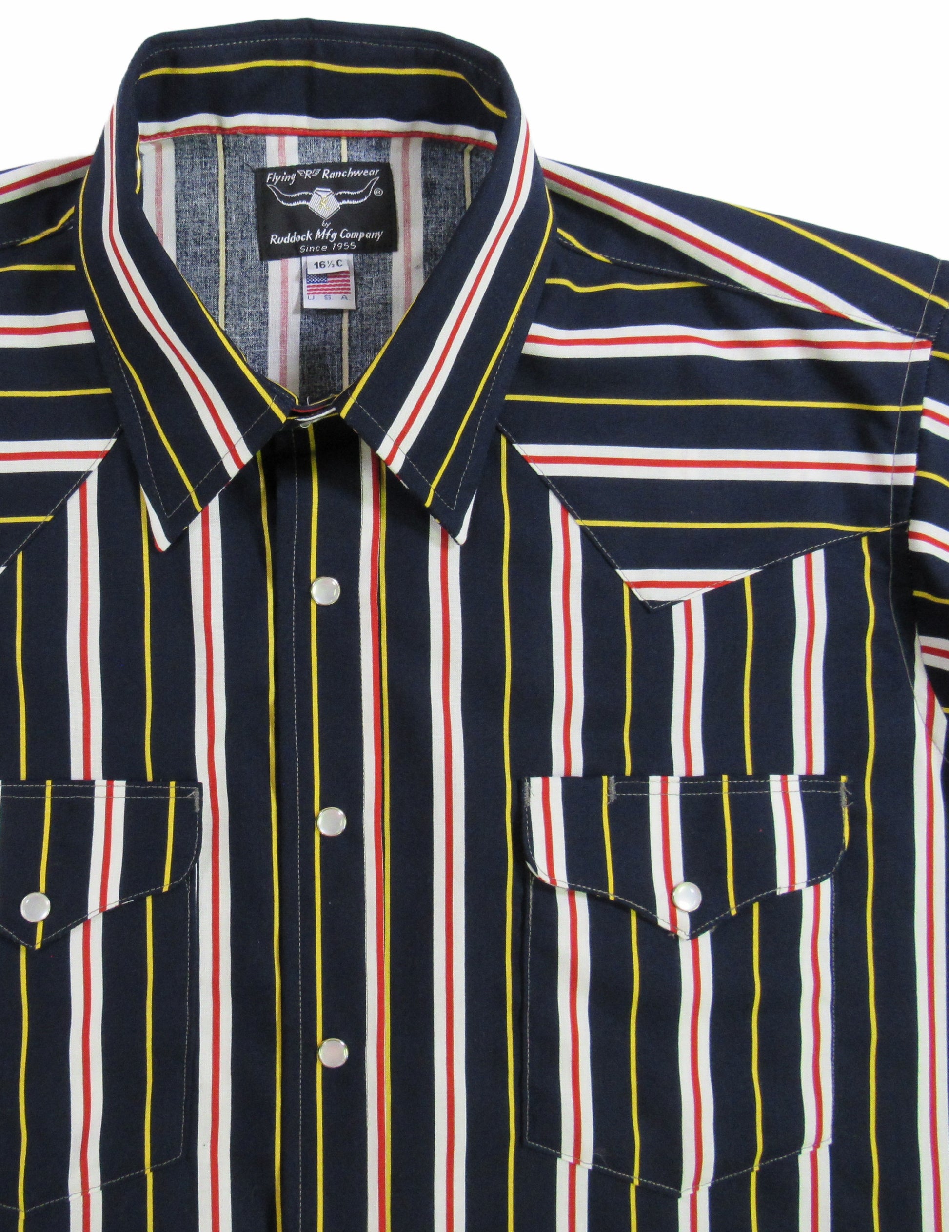 Navy Red White Print Stripe shirt by Flying R Ranchwear Made in USA with snaps Ruddock Shirts