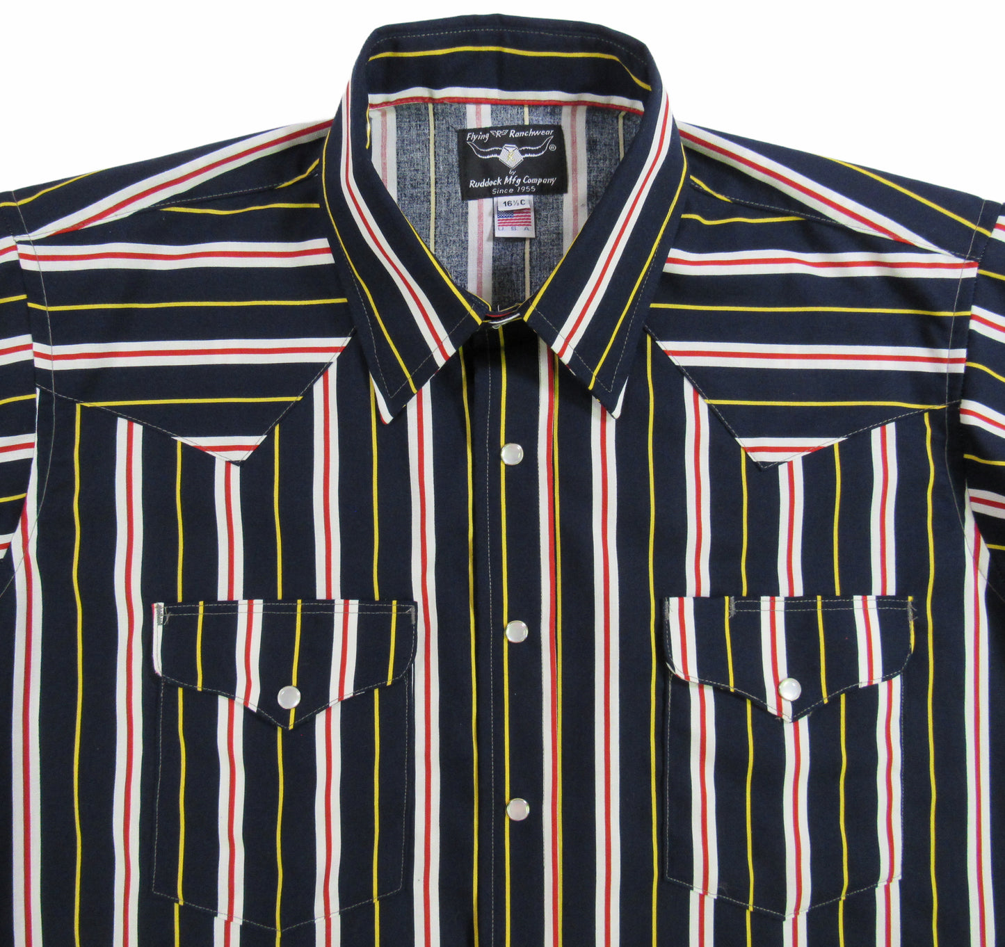 Navy Red White Print Stripe shirt by Flying R Ranchwear Made in USA with snaps Ruddock Shirts