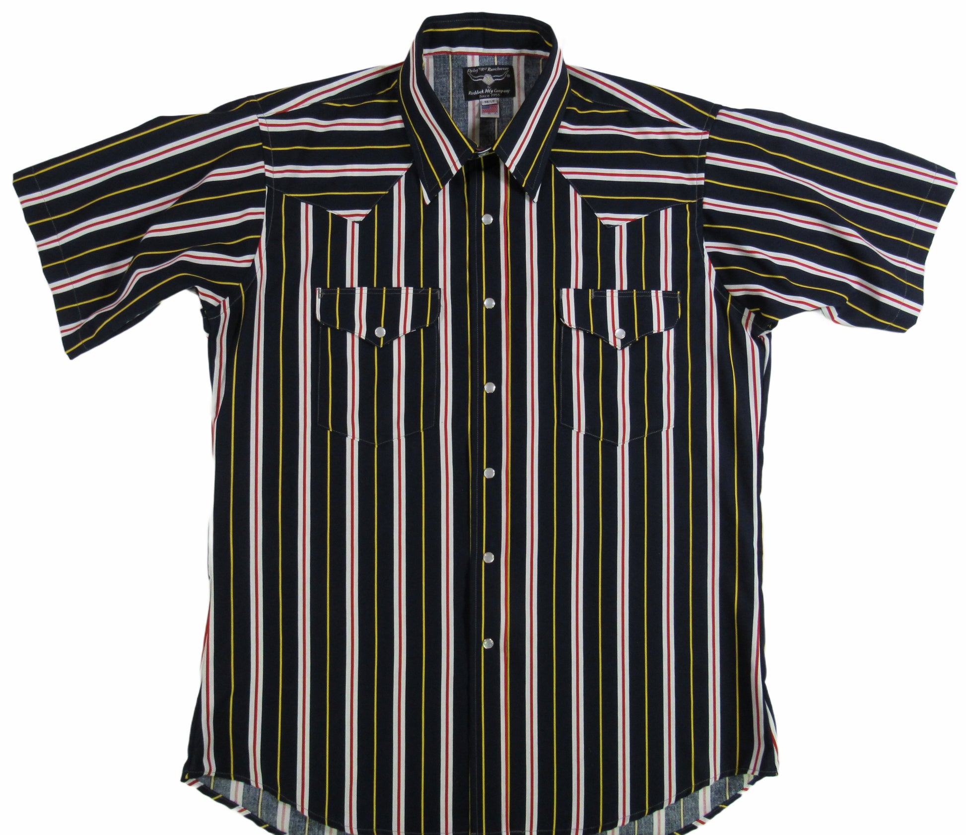 Navy Red White Print Stripe shirt by Flying R Ranchwear Made in USA with snaps Ruddock Shirts