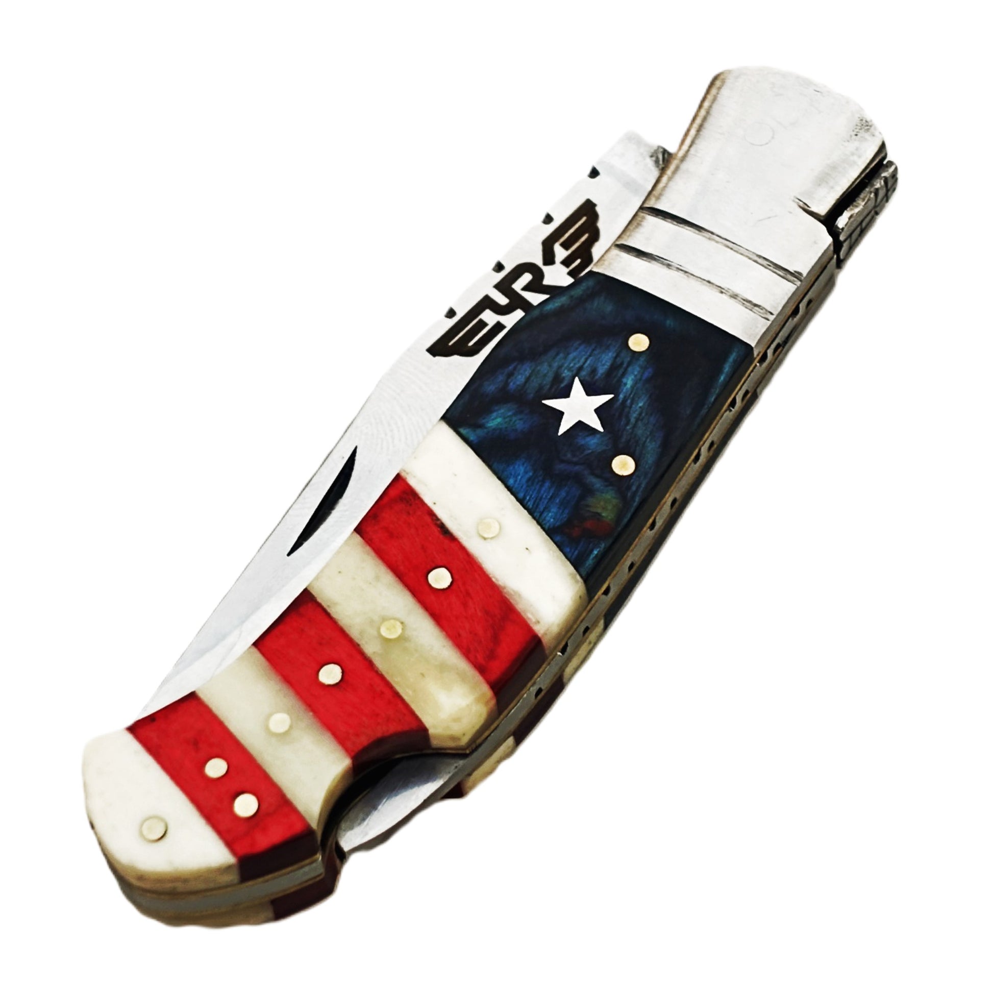 Ruddock Bros folding knife with natural bone and hardwood handle in American flag colors with stainless steel blade with leather sheath Ruddock El Paso Texas