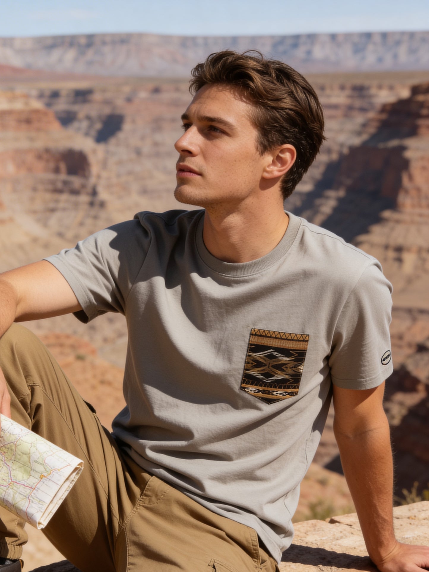 Flying R Ranchwear - Southwest Stripe Print - Tan Pocket T-shirt - Made in USA
