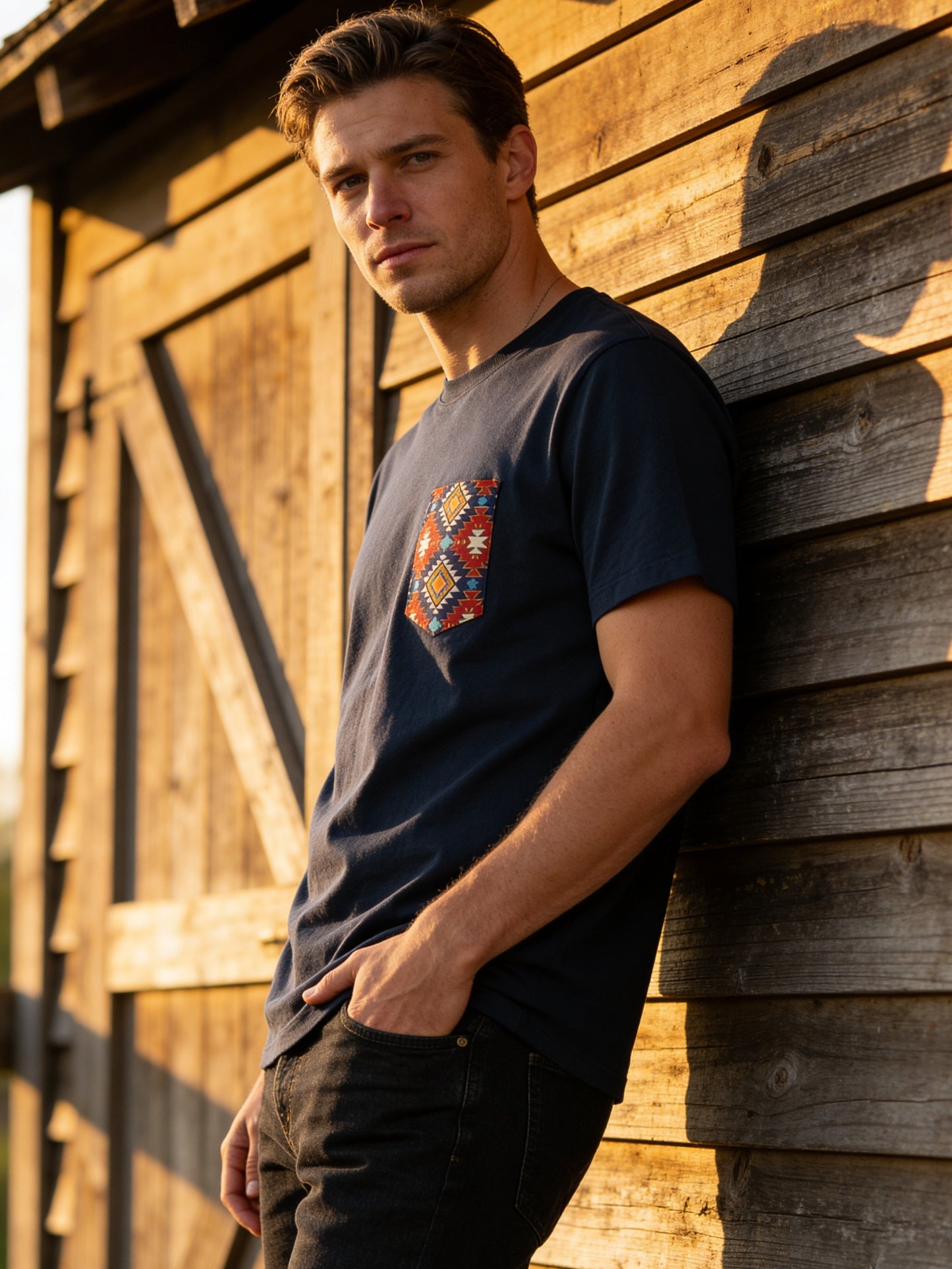 Flying R Ranchwear - Navy with Southwest Print - Pocket T-shirt - Made in USA