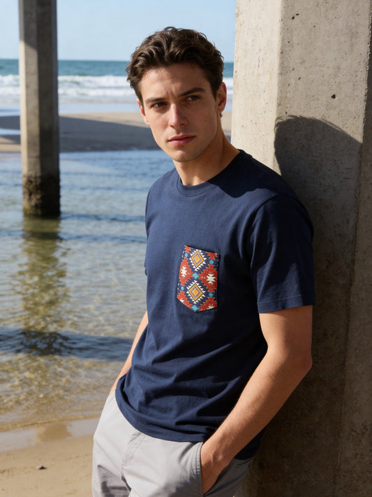 Flying R Ranchwear - Navy with Southwest Print - Pocket T-shirt - Made in USA