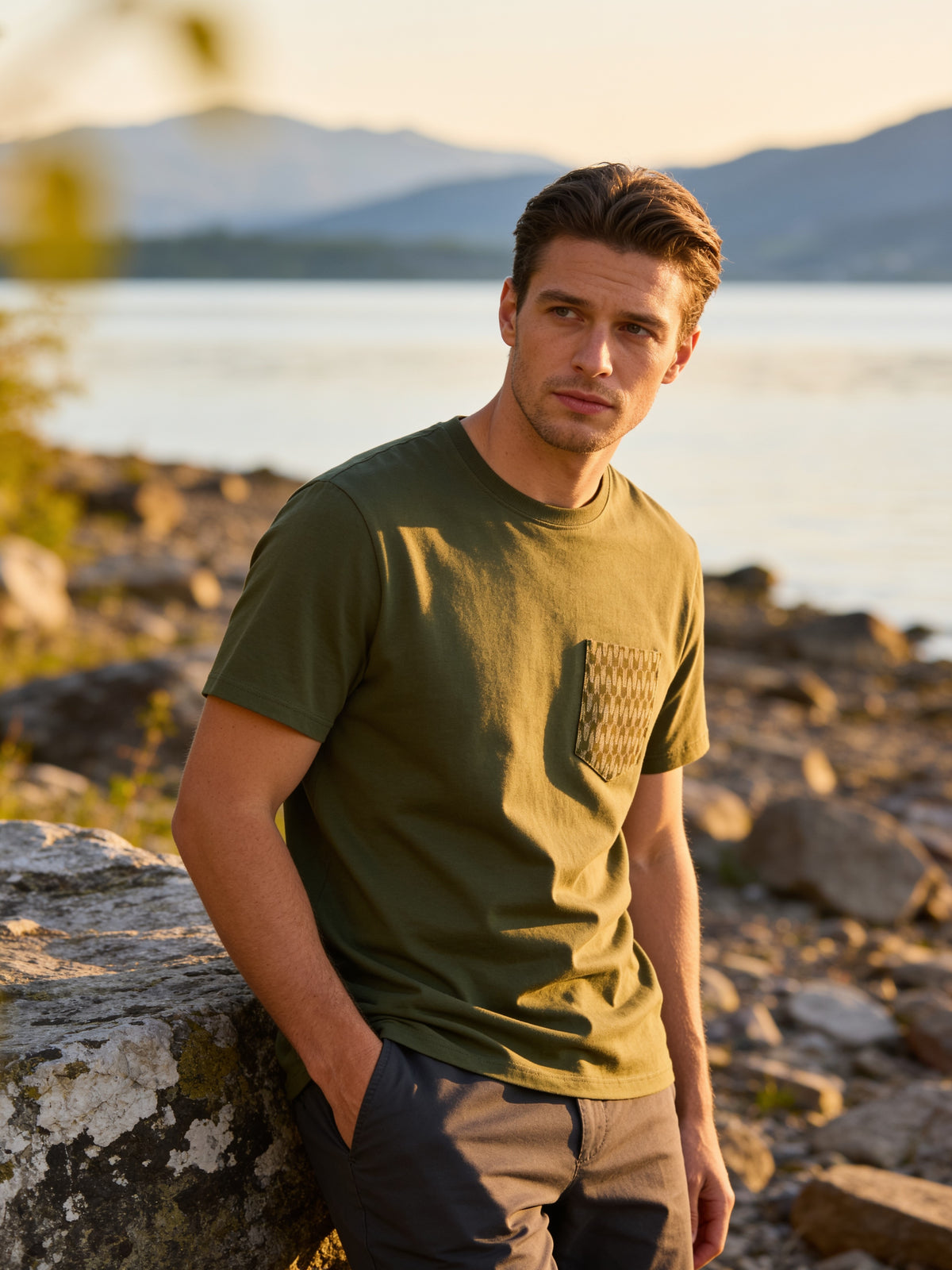 Safari Green with Aztec Tonal Print - Pocket T-shirt - Made in USA