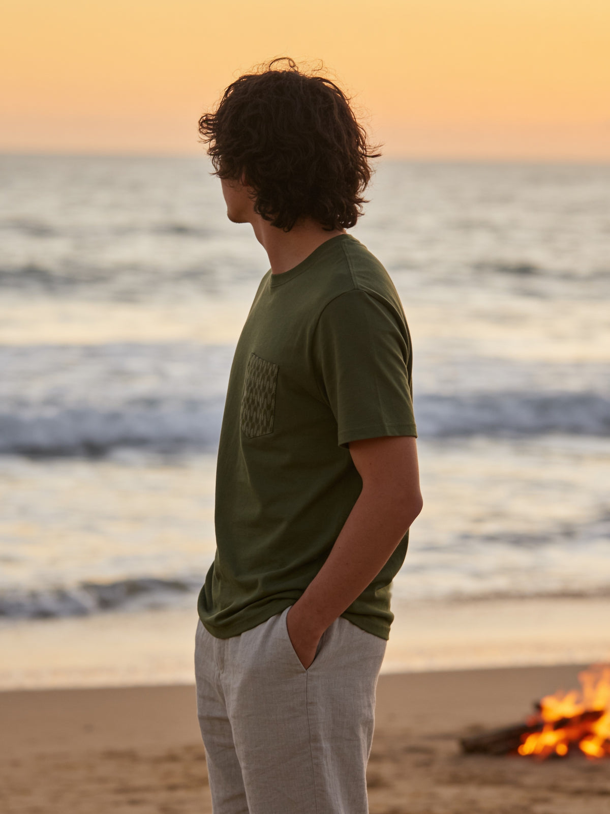 Safari Green with Aztec Tonal Print - Pocket T-shirt - Made in USA