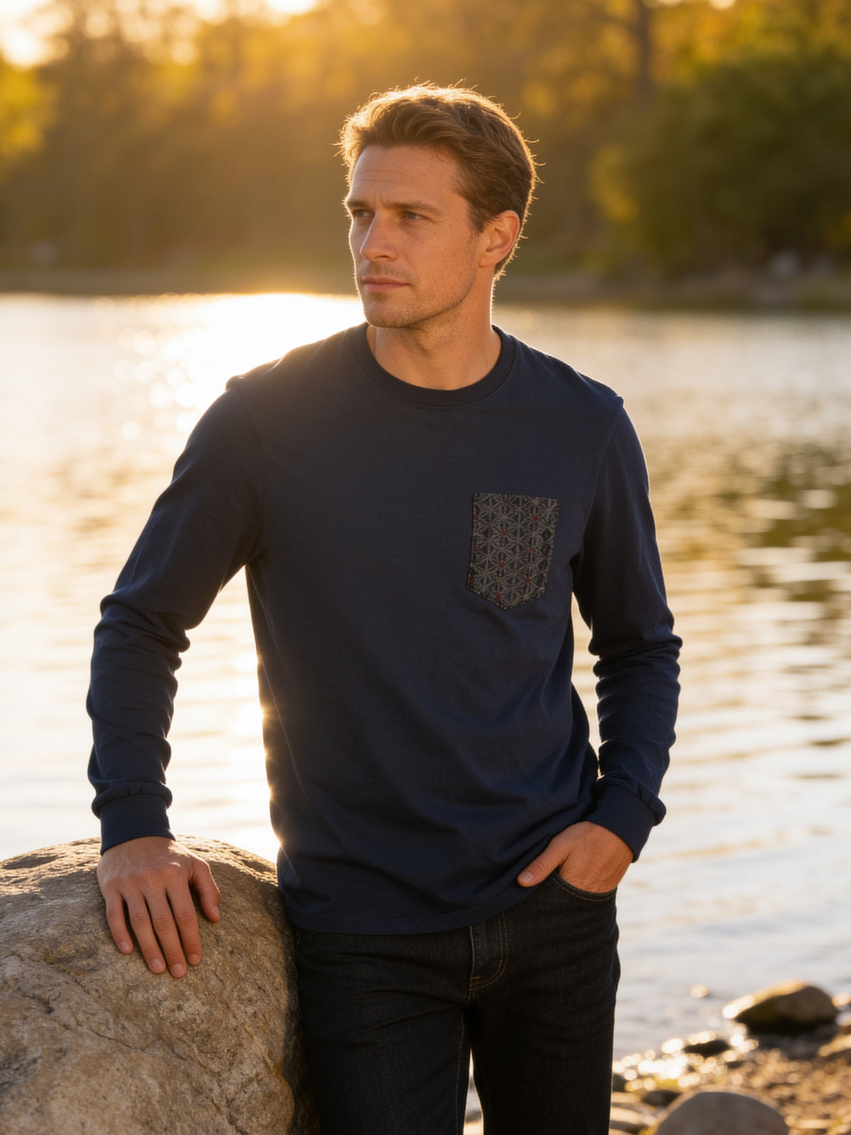 Flying R Ranchwear - Navy with Geometric Print - Long Sleeve - Pocket T-shirt - Made in USA