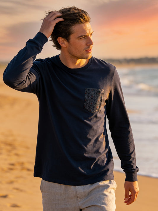 Flying R Ranchwear - Navy with Geometric Print - Long Sleeve - Pocket T-shirt - Made in USA