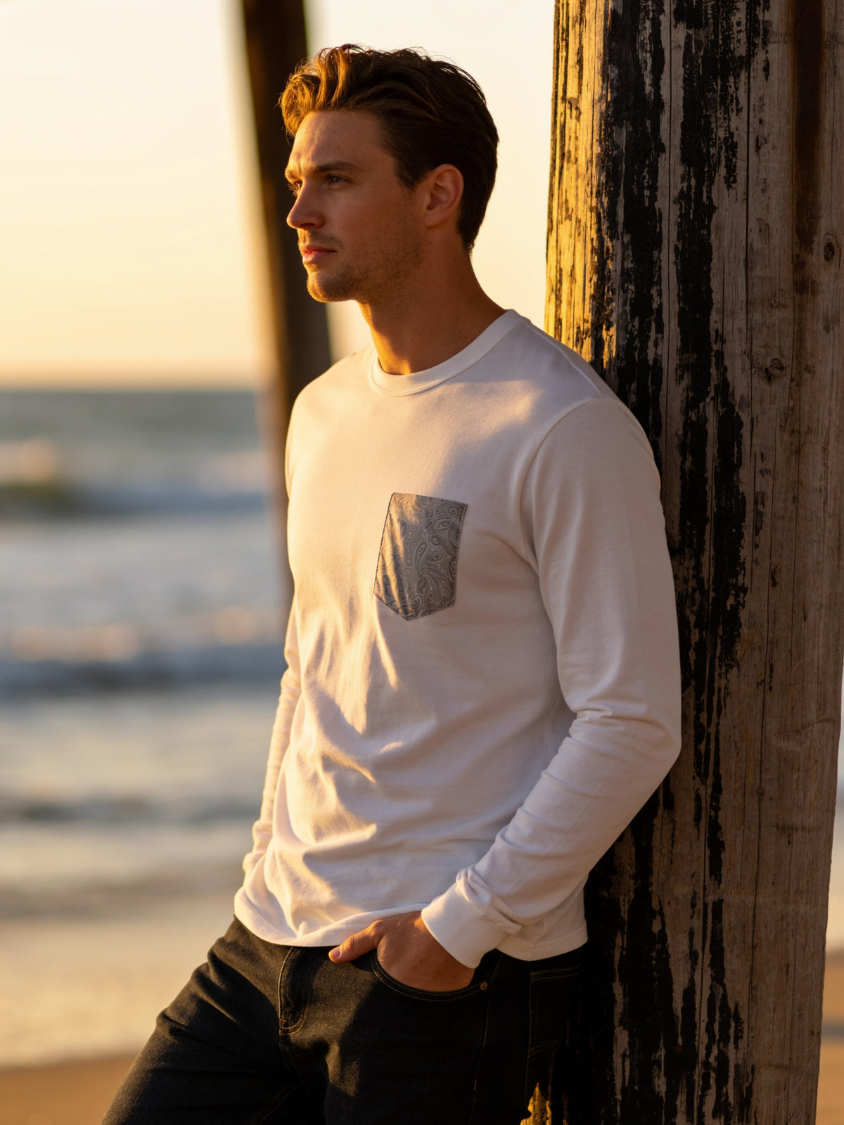 Flying R Ranchwear - White with Paisley Print - Long Sleeve - Pocket T-shirt - Made in USA