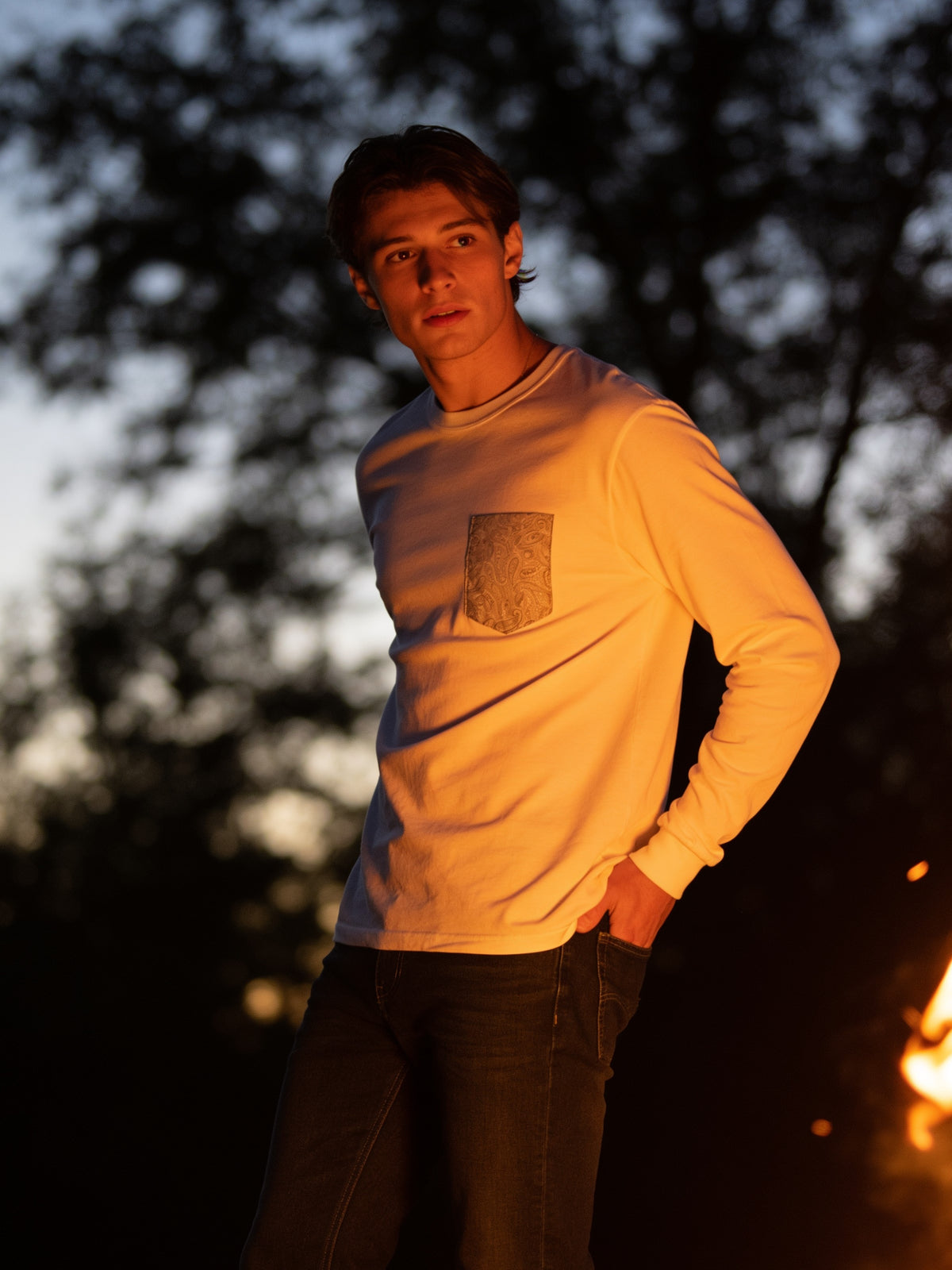 Flying R Ranchwear - White with Paisley Print - Long Sleeve - Pocket T-shirt - Made in USA