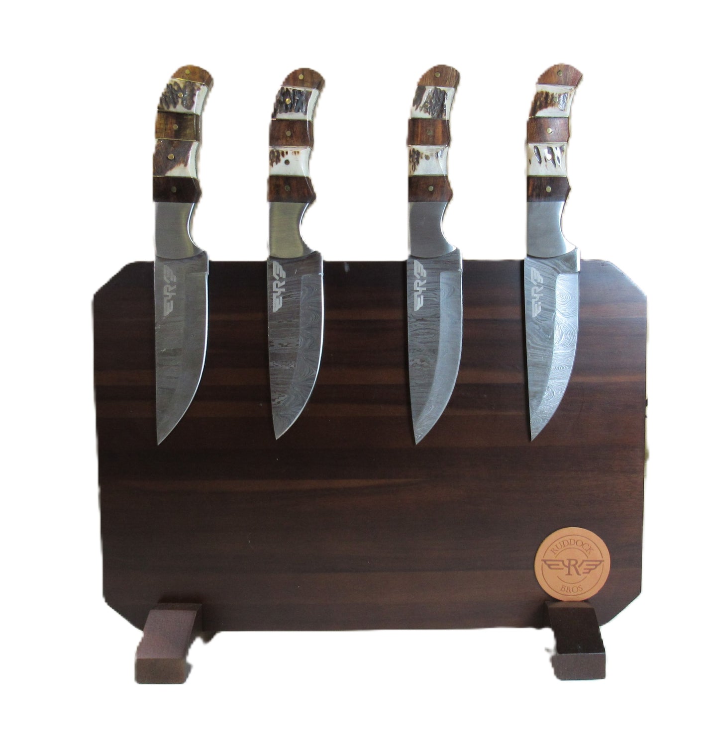 Ruddock Bros steak knife with Damascus steel  with natural horn, bone, and hardwood handle