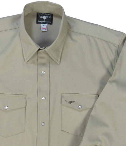 Khaki twill shirt by Flying R Ranchwear Made in USA by Ruddock Shirts El Paso Texas Snaps