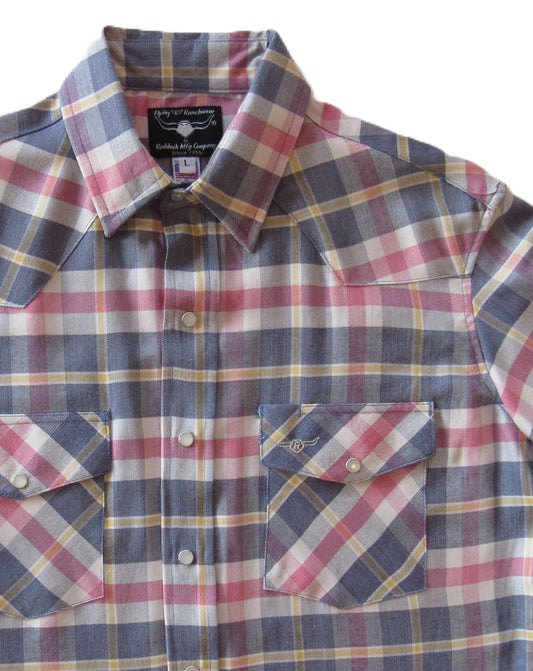 Denim Blue and Coral Primo Plaid short sleeve snap shirt by Flying R Ranchwear Made in USA ~ American Made Ruddock Shirts