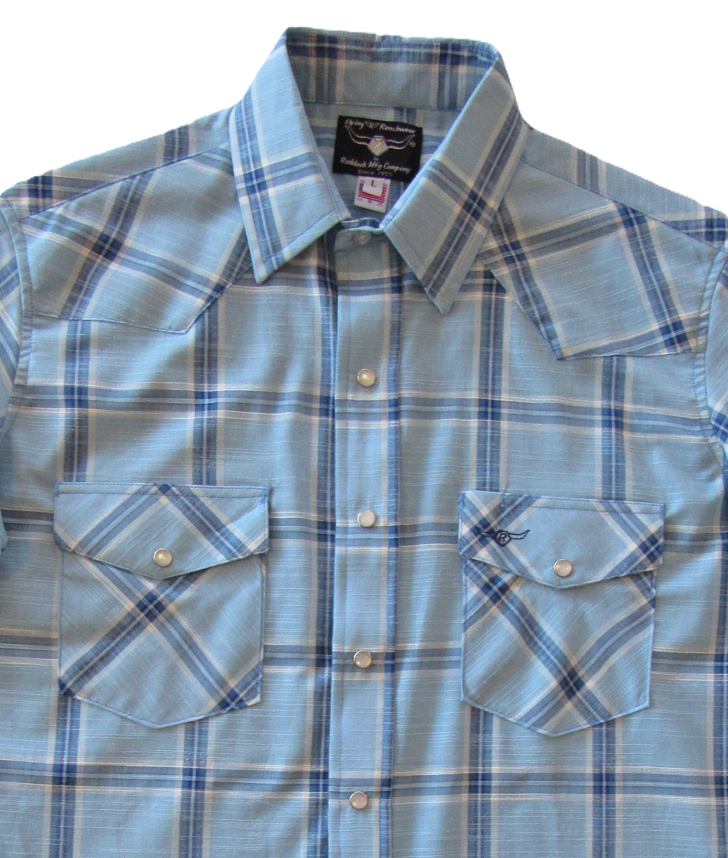 Sky Blue Feather Plaid short sleeve snap shirt by Flying R Ranchwear Made in USA ~ American Made Ruddock Shirts
