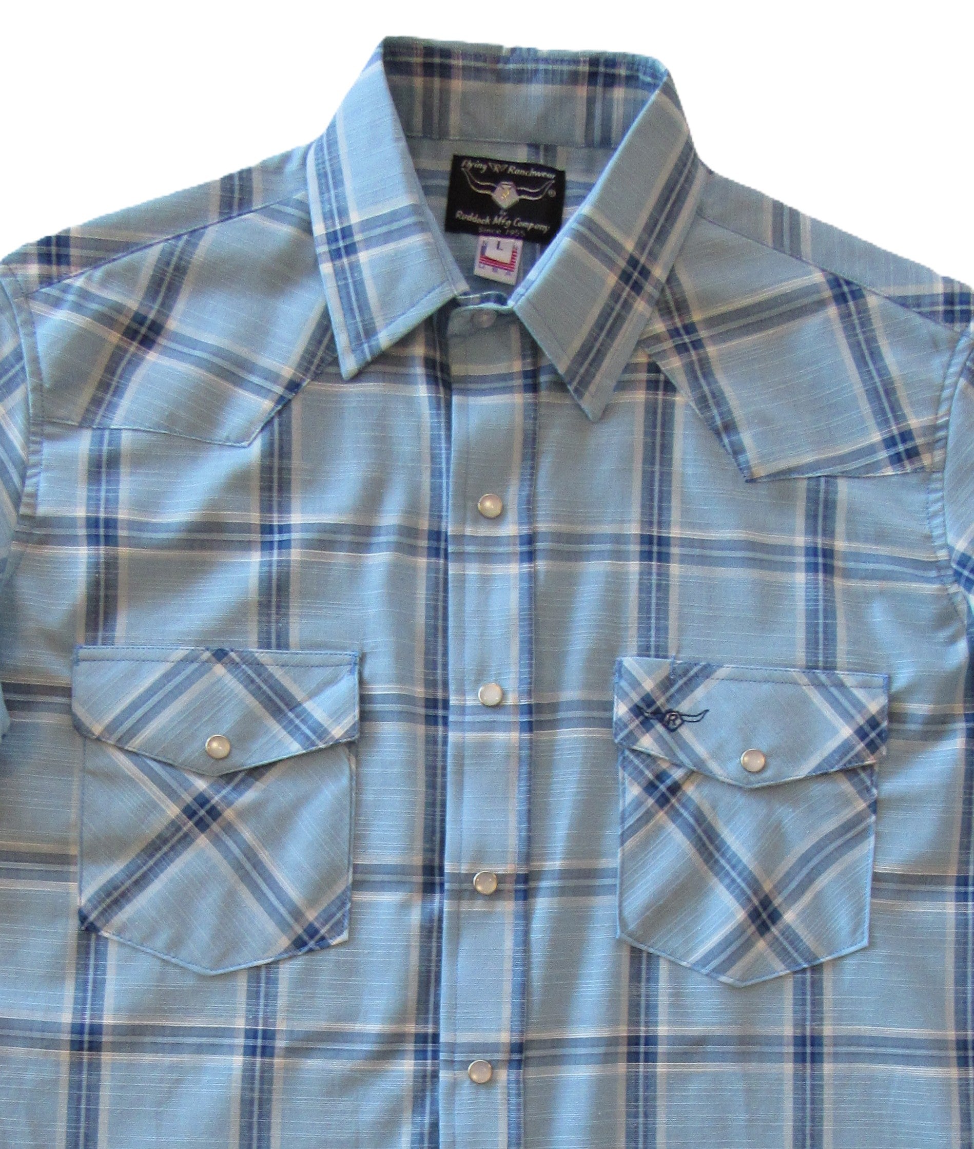 Sky Blue Feather Plaid short sleeve snap shirt by Flying R Ranchwear Made in USA ~ American Made Ruddock Shirts