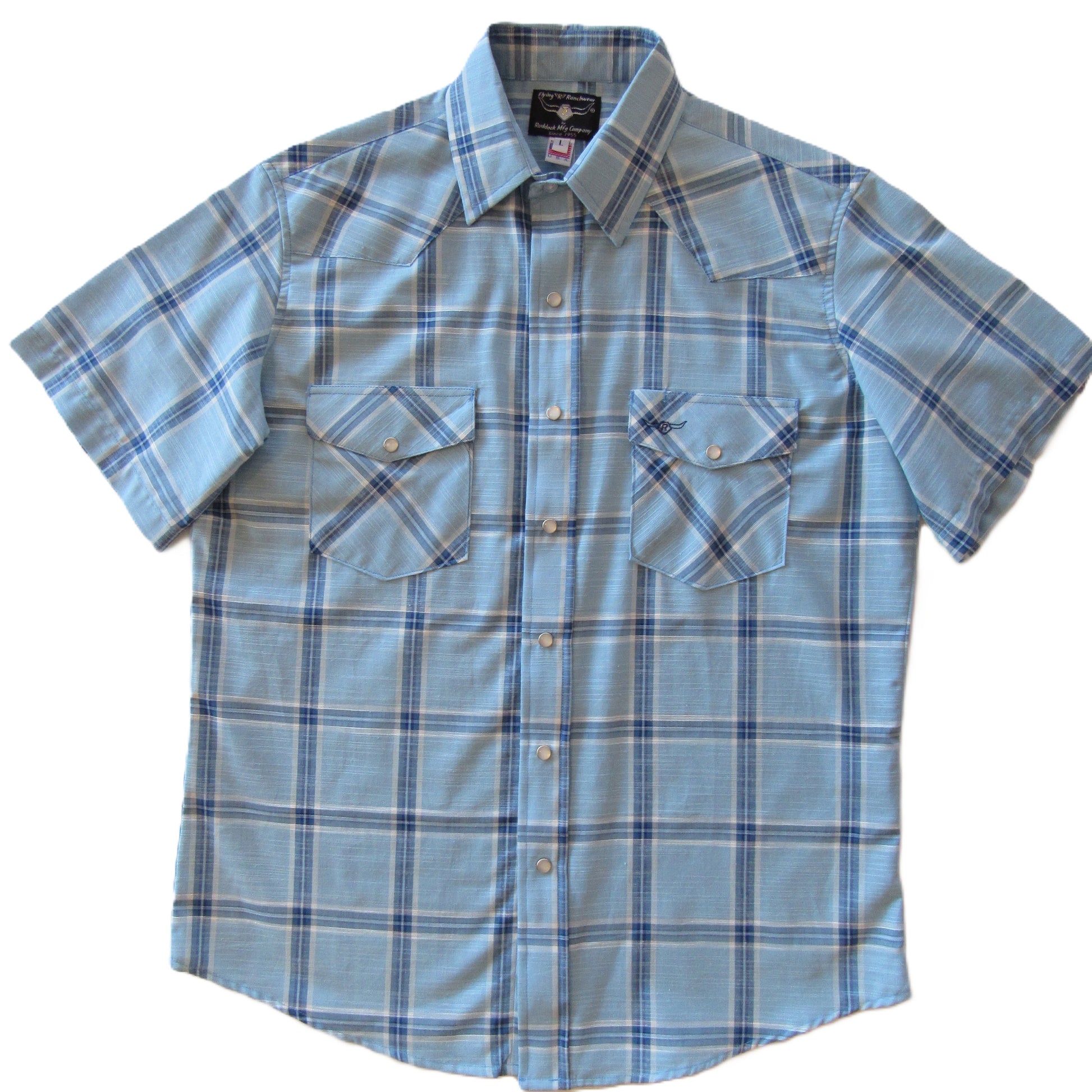 Sky Blue Feather Plaid short sleeve snap shirt by Flying R Ranchwear Made in USA ~ American Made Ruddock Shirts