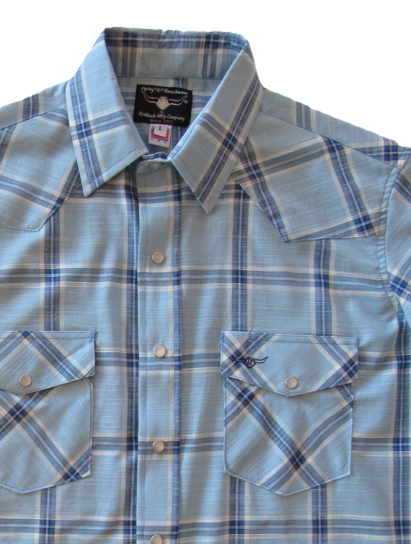 Sky Blue Feather Plaid short sleeve snap shirt by Flying R Ranchwear Made in USA ~ American Made Ruddock Shirts