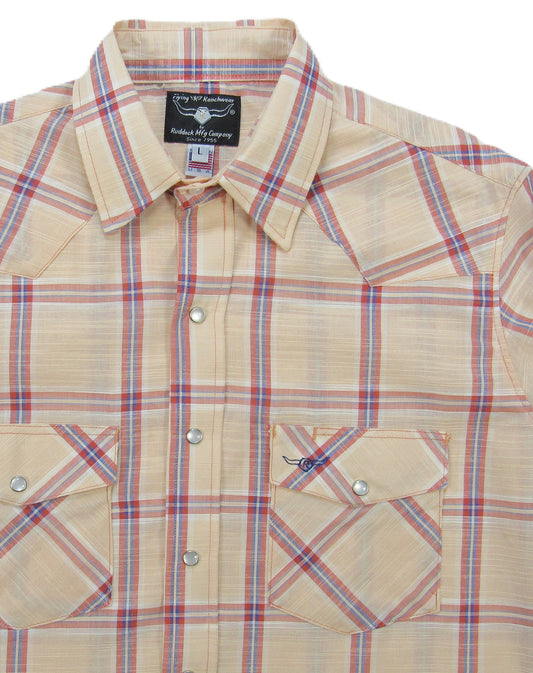 Pale Orange Plaid long sleeve snap shirt by Flying R Ranchwear Made in USA ~ American Made Ruddock Shirts