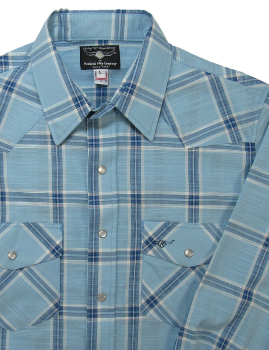 Sky Blue Plaid long sleeve snap shirt by Flying R Ranchwear Made in USA ~ American Made Ruddock Shirts