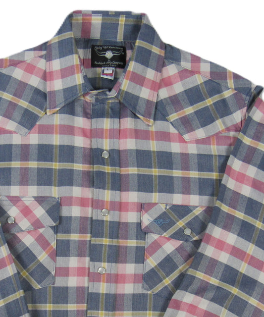 Denim Blue and Coral Primo Plaid long sleeve snap shirt by Flying R Ranchwear Made in USA ~ American Made Ruddock Shirts