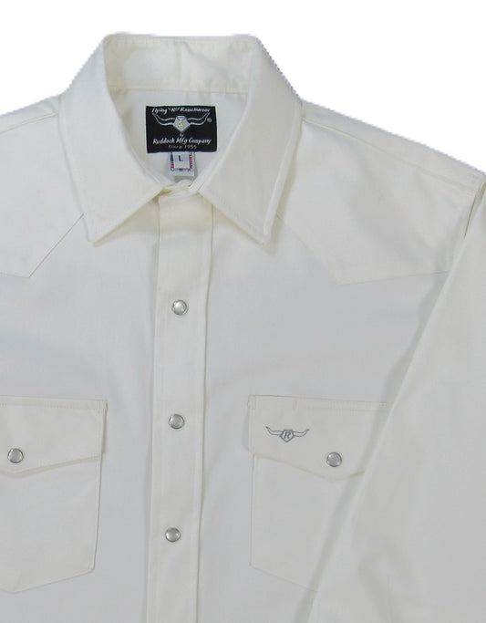 White oxford long sleeve snap shirt by Flying R Ranchwear Made in USA ~ American Made Ruddock Shirts