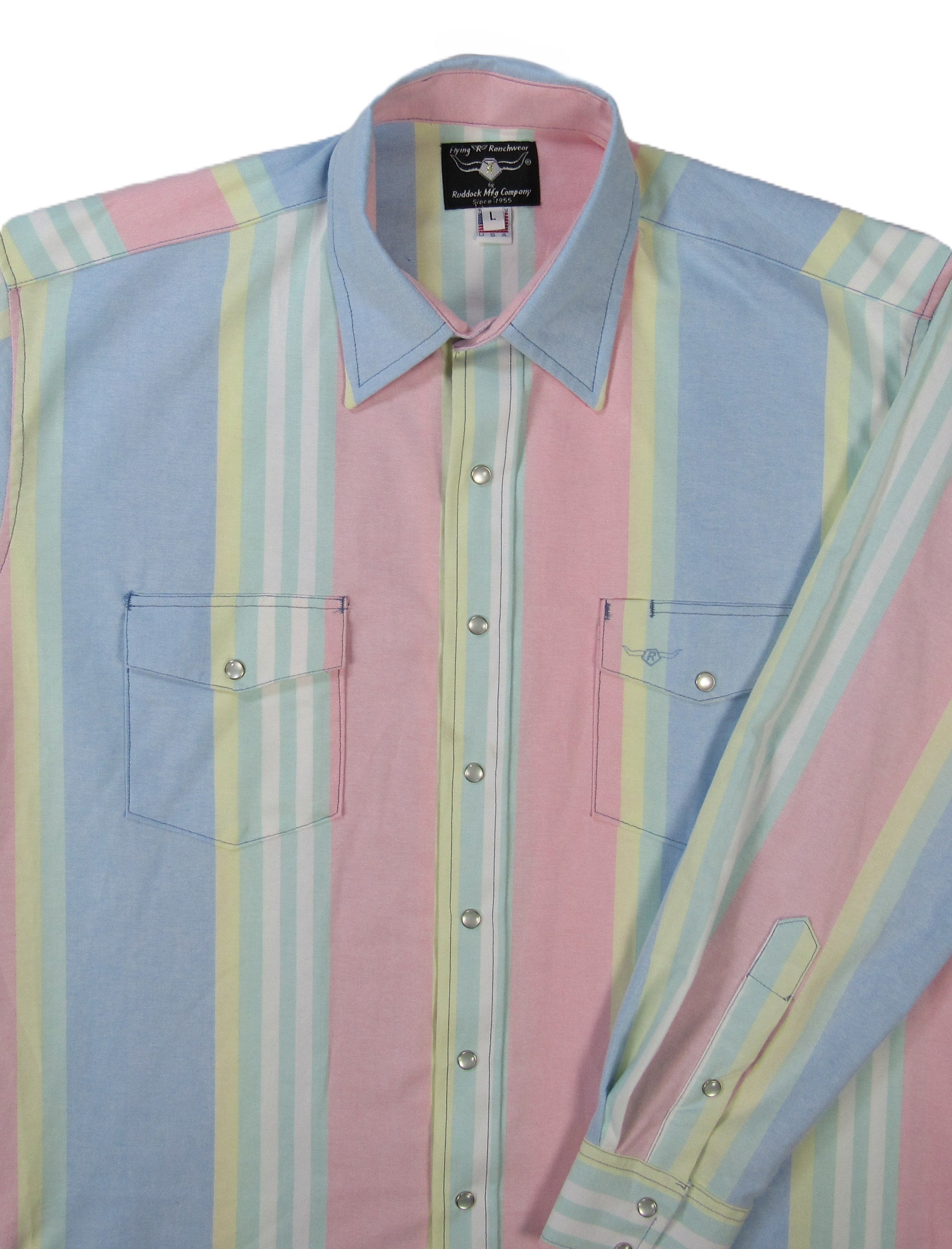 Pastel striped shirt with a collar on a white background by Flying R Ranchwear Ruddock Shirts El Paso Texas Made in USA